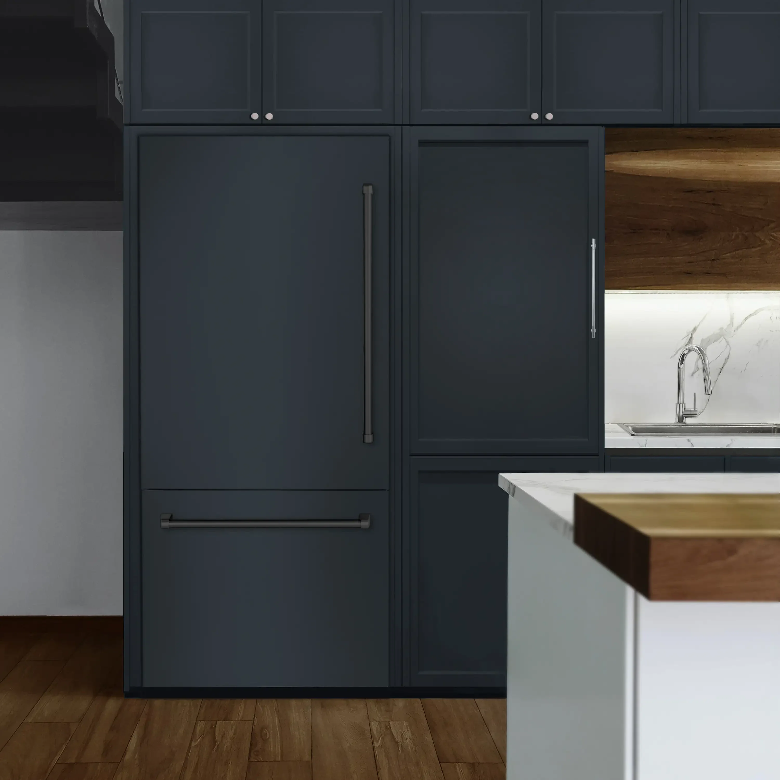 ZLINE Autograph Edition 36-Inch 19.8 Cu. Ft. Built-In Bottom Freezer Refrigerator with Water Dispenser and Ice Maker in Panel Ready with Graphite Gray Interior and Matte Black Accents (GRBITZ-36-MB) - Image 2