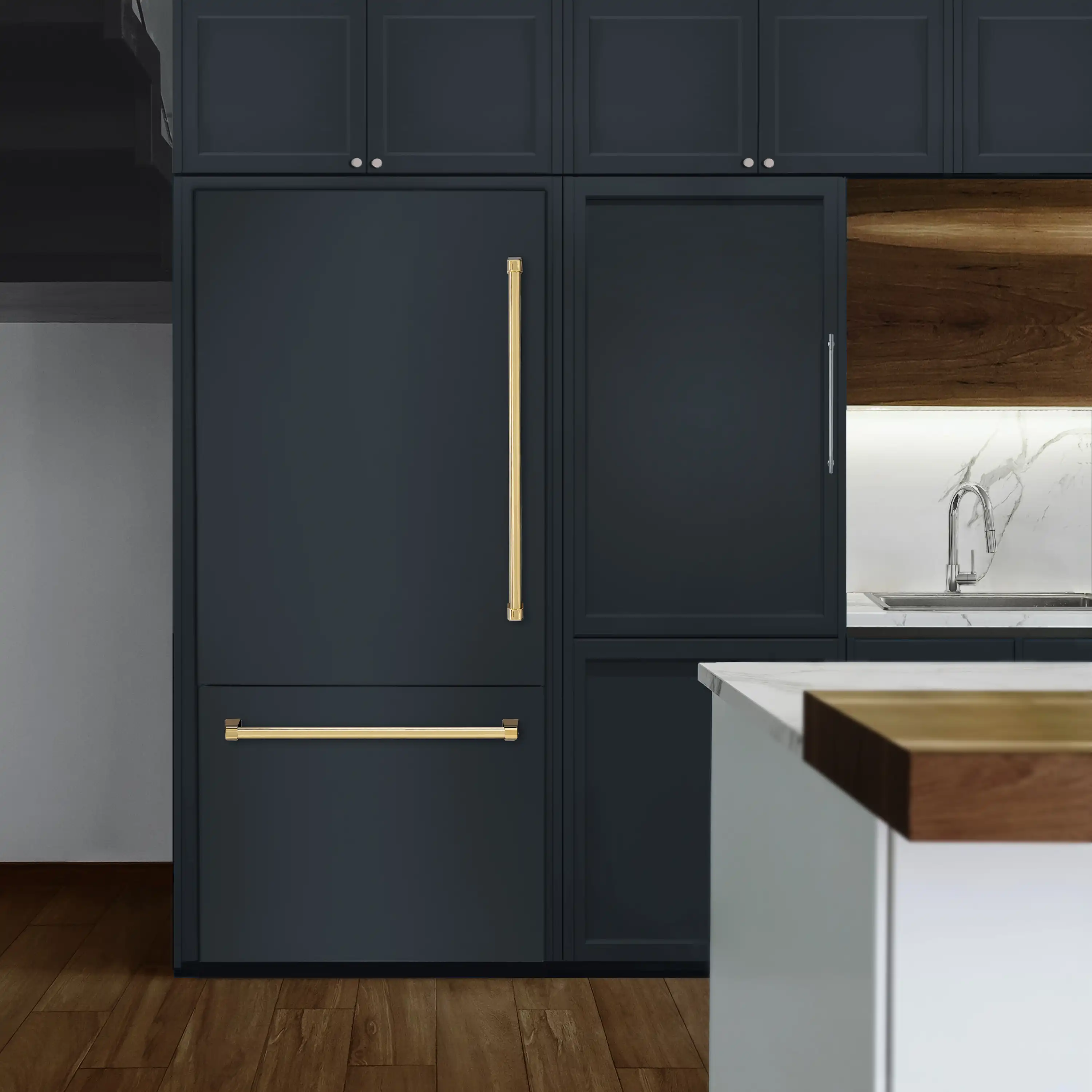 ZLINE Autograph Edition 36-Inch 19.8 Cu. Ft. Built-In Bottom Freezer Refrigerator with Water Dispenser and Ice Maker in Panel Ready with Graphite Gray Interior and Polished Gold Accents (GRBITZ-36-G) - Image 2