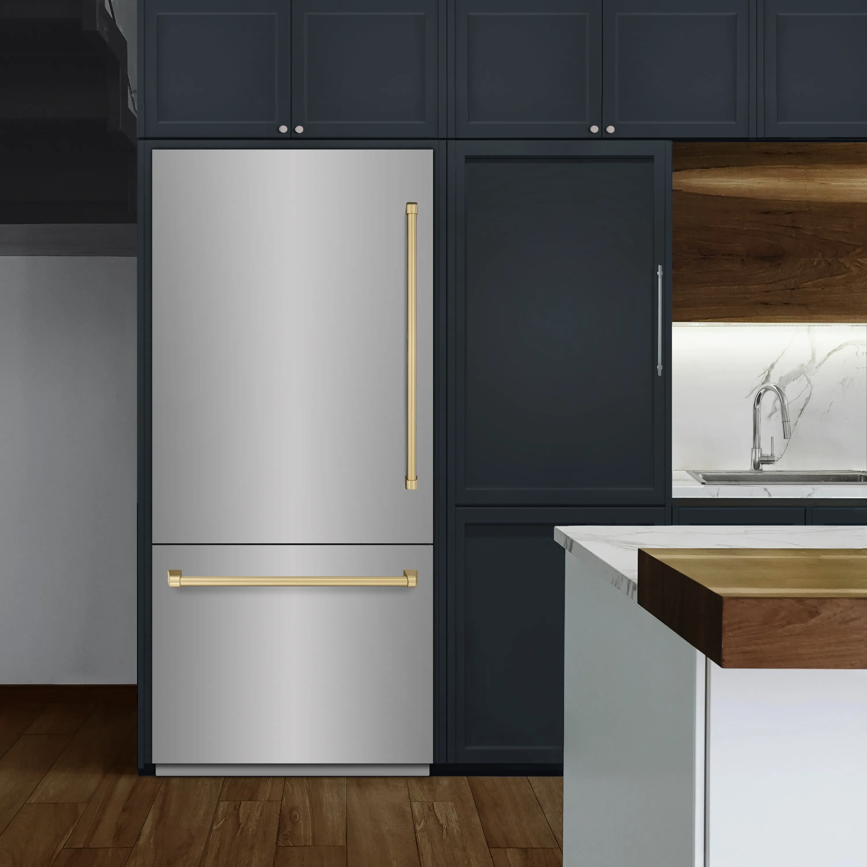 ZLINE Autograph Edition 36-Inch 19.8 Cu. Ft. Built-In Bottom Freezer Refrigerator with Water Dispenser and Ice Maker in Stainless Steel with Champagne Bronze Accents (RBITZ-304-36CB) - Image 2