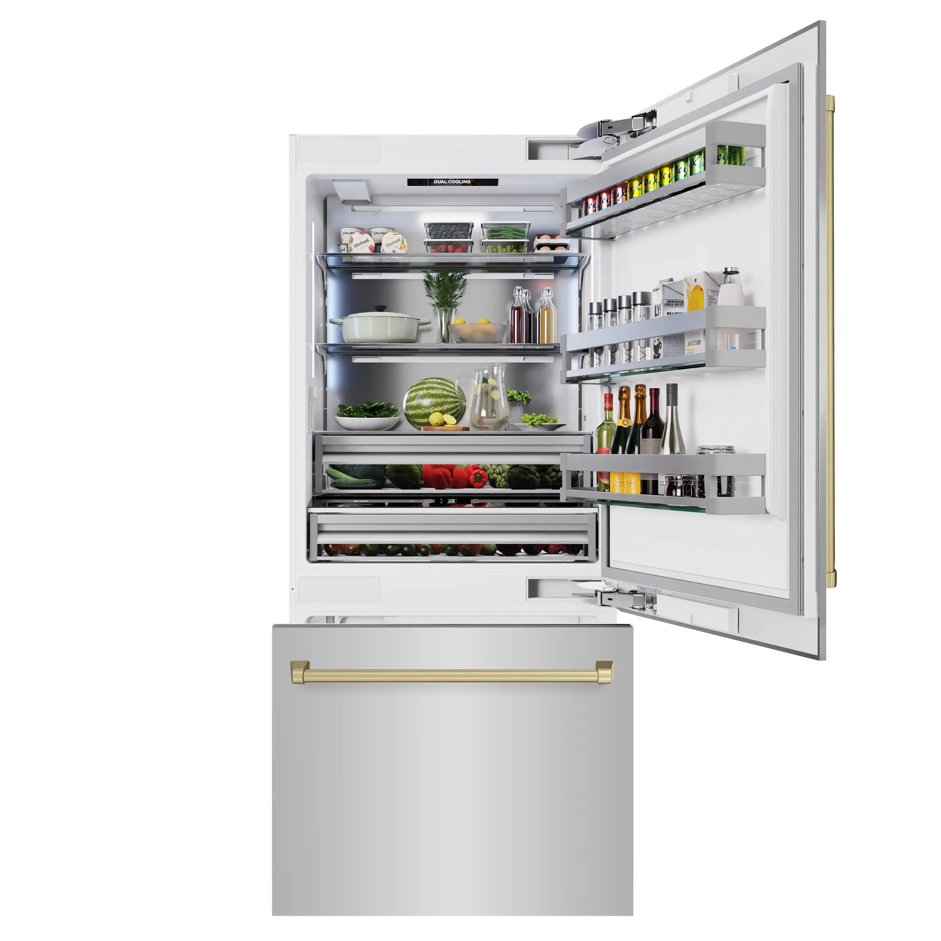 ZLINE Autograph Edition 36-Inch 19.8 Cu. Ft. Built-In Bottom Freezer Refrigerator with Water Dispenser and Ice Maker in Stainless Steel with Champagne Bronze Accents (RBITZ-304-36CB) - Image 4