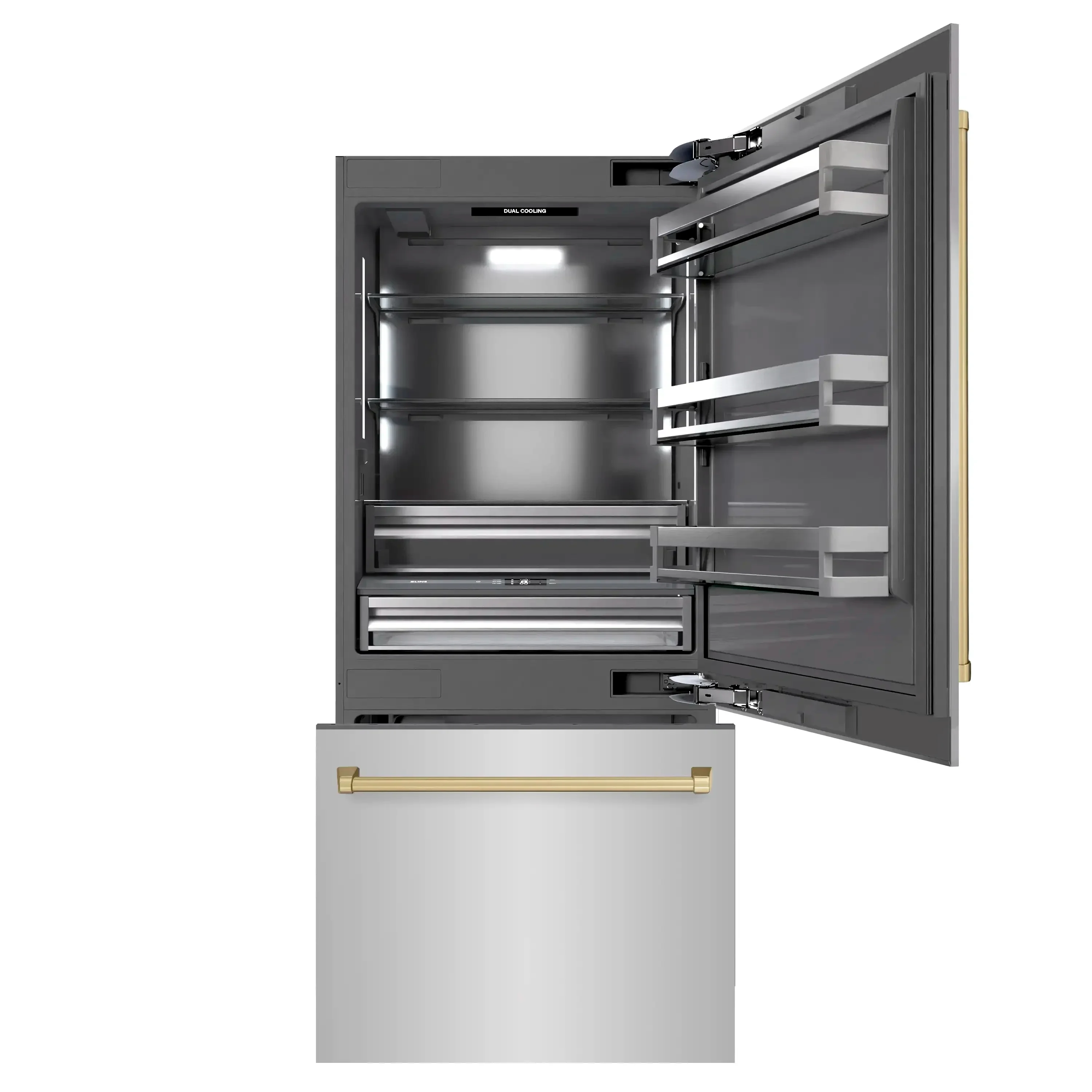 ZLINE Autograph Edition 36-Inch 19.8 Cu. Ft. Built-In Bottom Freezer Refrigerator with Water Dispenser and Ice Maker in Stainless Steel with Graphite Gray Interior and Champagne Bronze Accents (GRBITZ-304-36CB) - Image 3