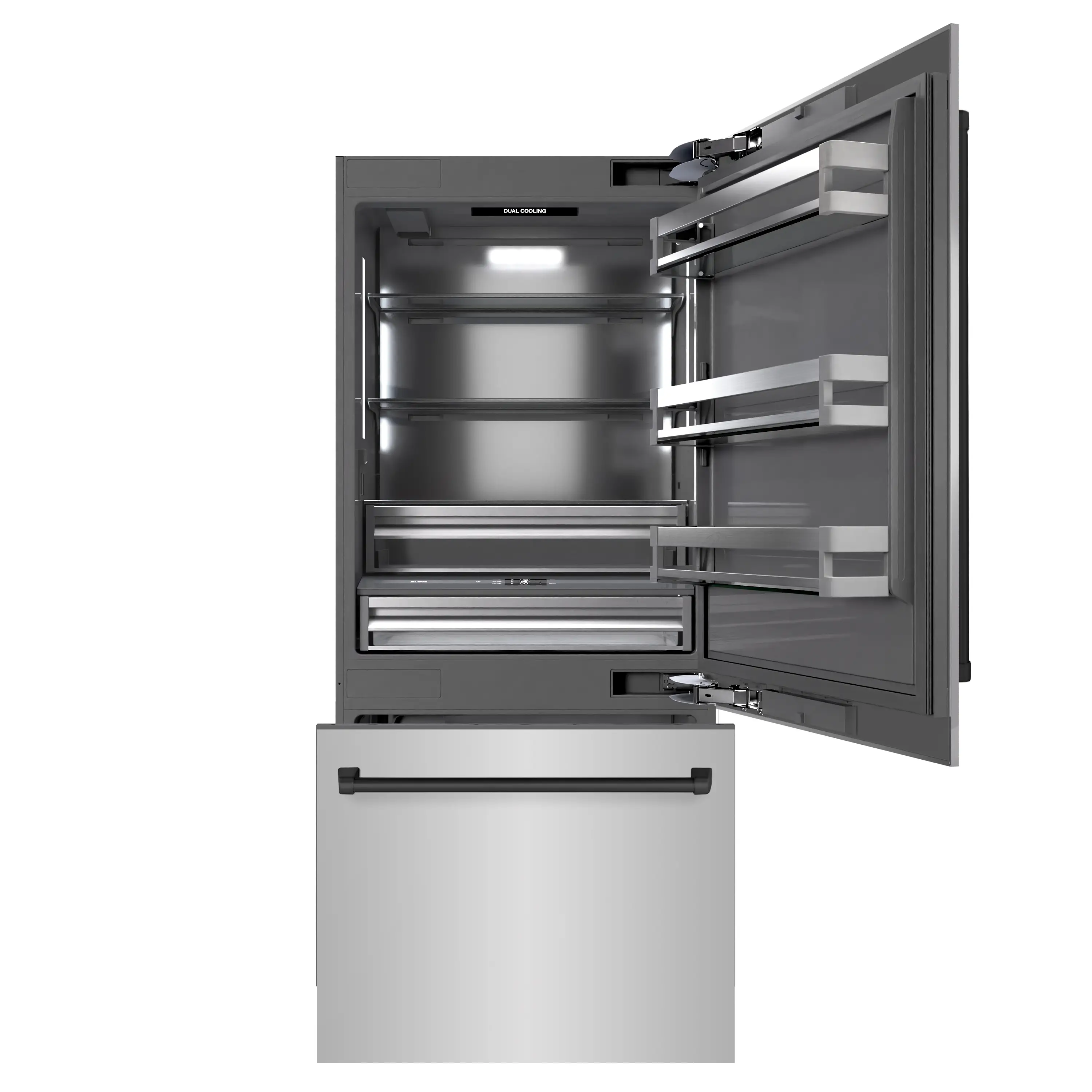ZLINE Autograph Edition 36-Inch 19.8 Cu. Ft. Built-In Bottom Freezer Refrigerator with Water Dispenser and Ice Maker in Stainless Steel with Graphite Gray Interior and Matte Black Accents (GRBITZ-304-36MB) - Image 3