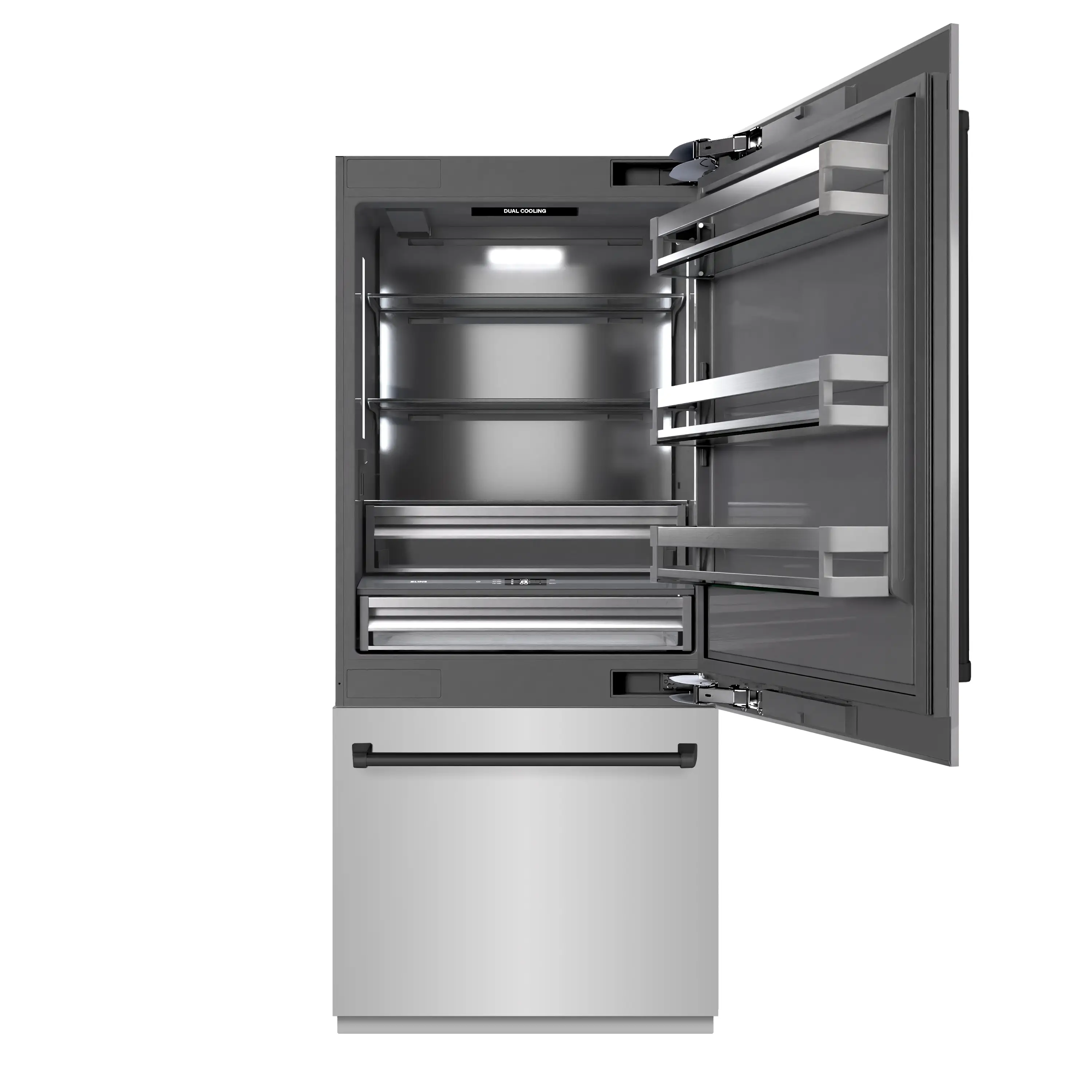 ZLINE Autograph Edition 36-Inch 19.8 Cu. Ft. Built-In Bottom Freezer Refrigerator with Water Dispenser and Ice Maker in Stainless Steel with Graphite Gray Interior and Matte Black Accents (GRBITZ-304-36MB) - Image 4