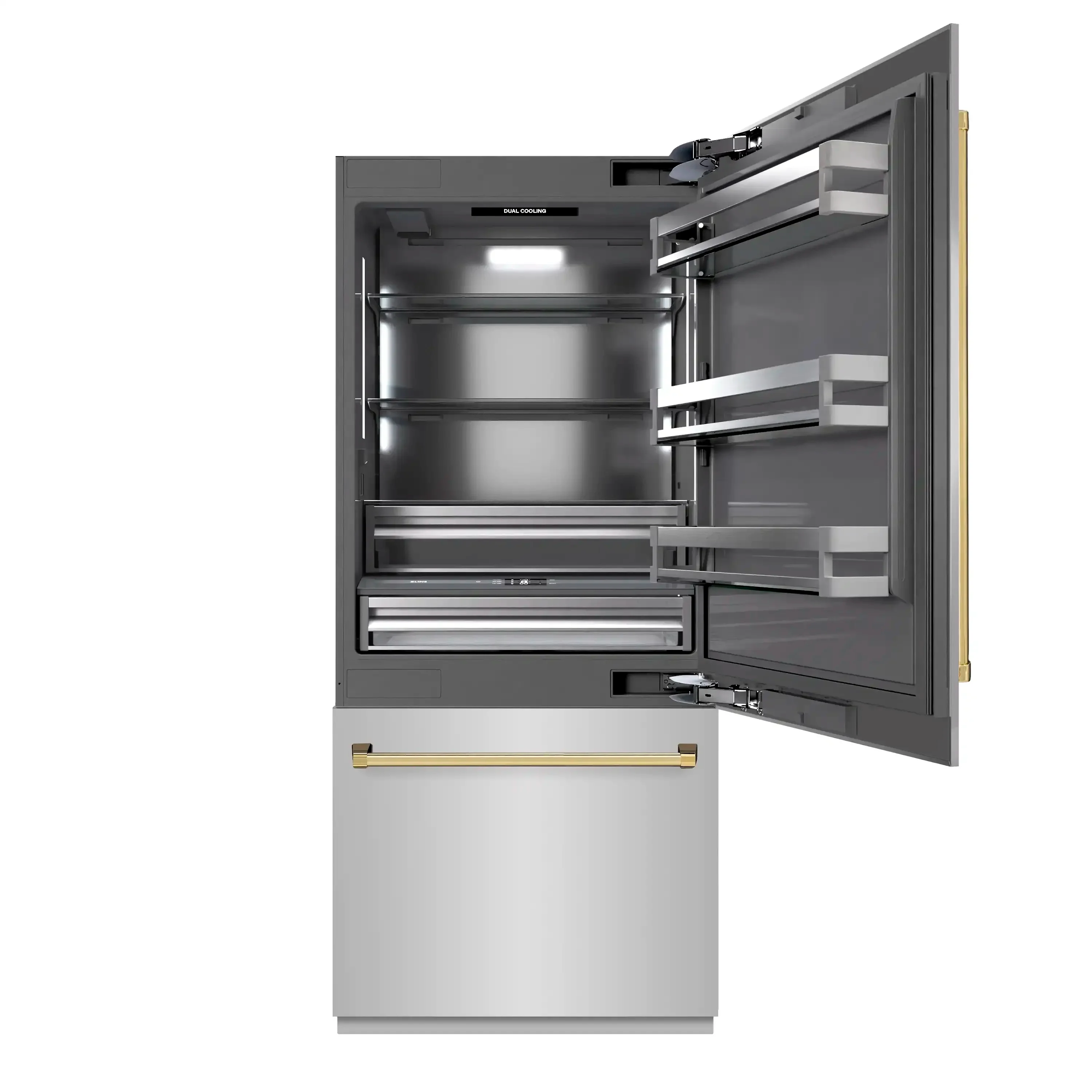 ZLINE Autograph Edition 36-Inch 19.8 Cu. Ft. Built-In Bottom Freezer Refrigerator with Water Dispenser and Ice Maker in Stainless Steel with Graphite Gray Interior and Polished Gold Accents (GRBITZ-304-36G) - Image 3
