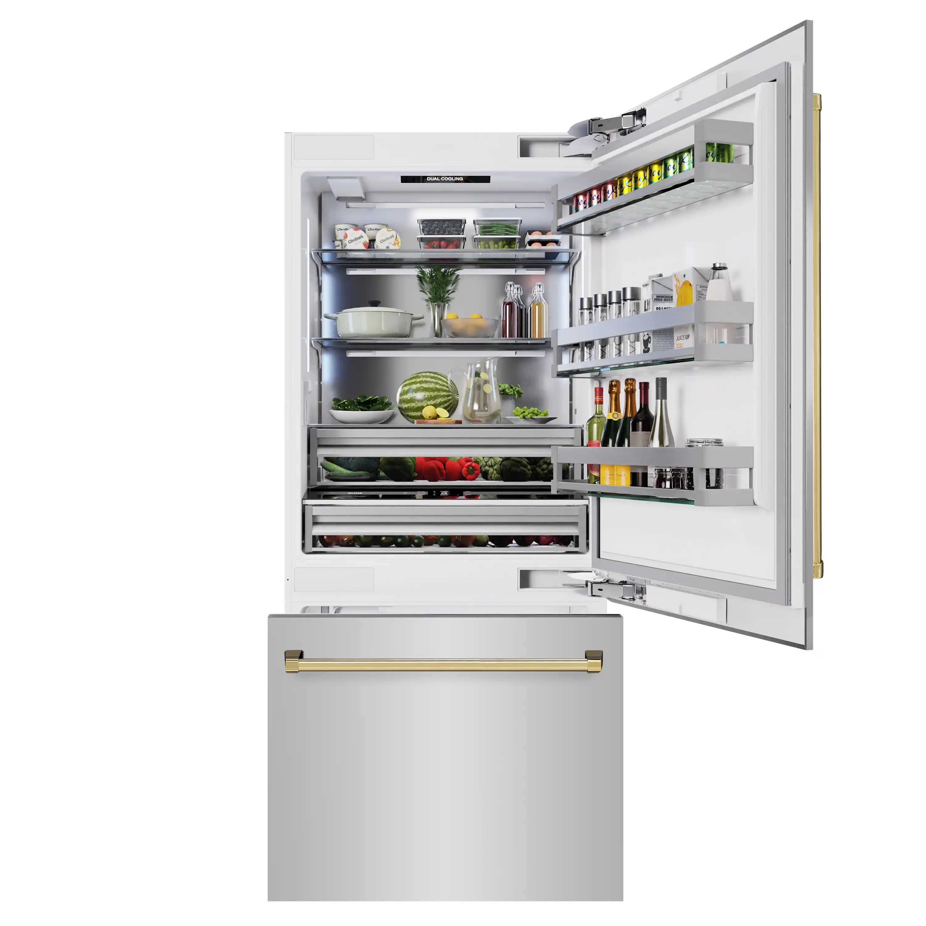 ZLINE Autograph Edition 36-Inch 19.8 Cu. Ft. Built-In Bottom Freezer Refrigerator with Water Dispenser and Ice Maker in Stainless Steel with Polished Gold Accents (RBITZ-304-36G) - Image 3
