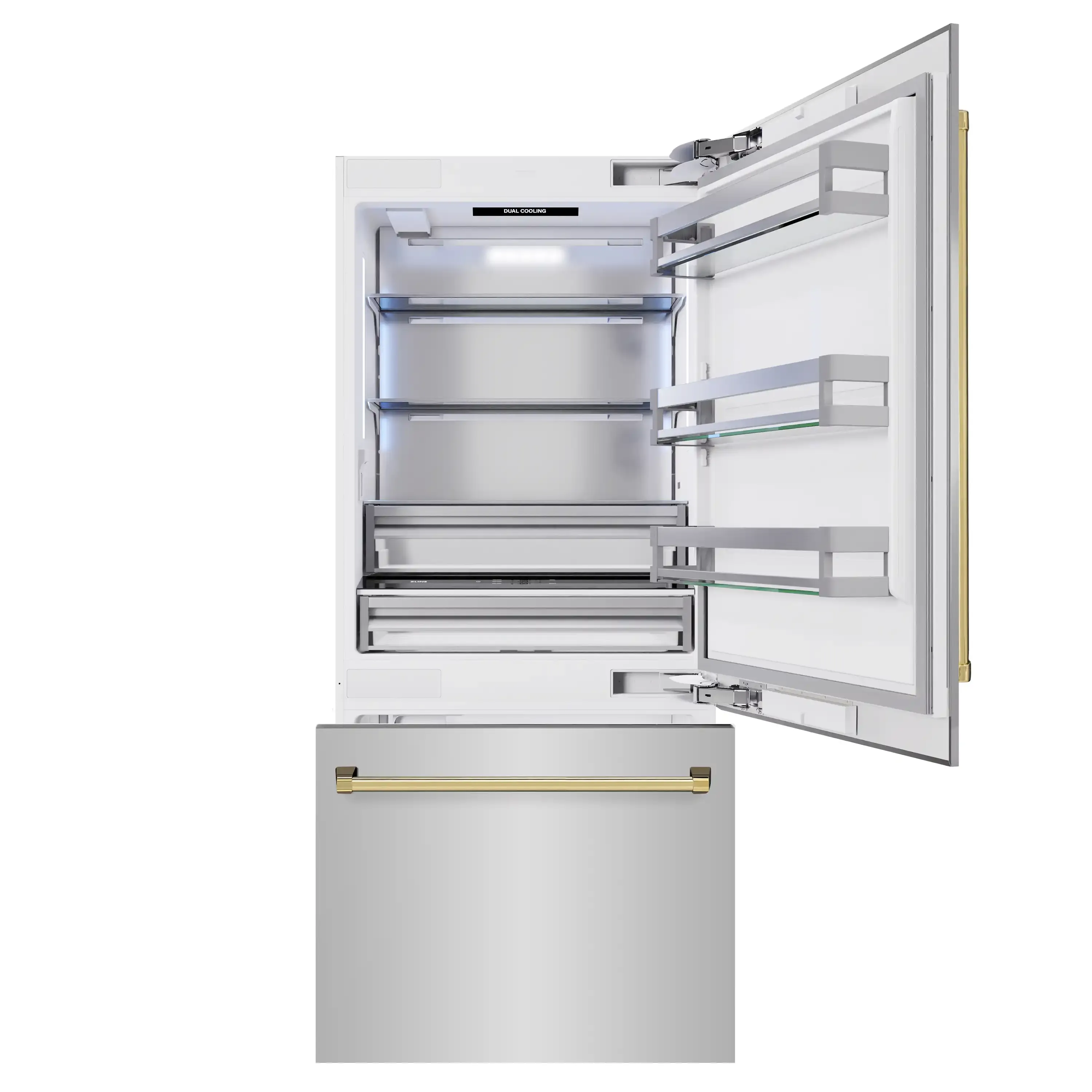 ZLINE Autograph Edition 36-Inch 19.8 Cu. Ft. Built-In Bottom Freezer Refrigerator with Water Dispenser and Ice Maker in Stainless Steel with Polished Gold Accents (RBITZ-304-36G) - Image 4