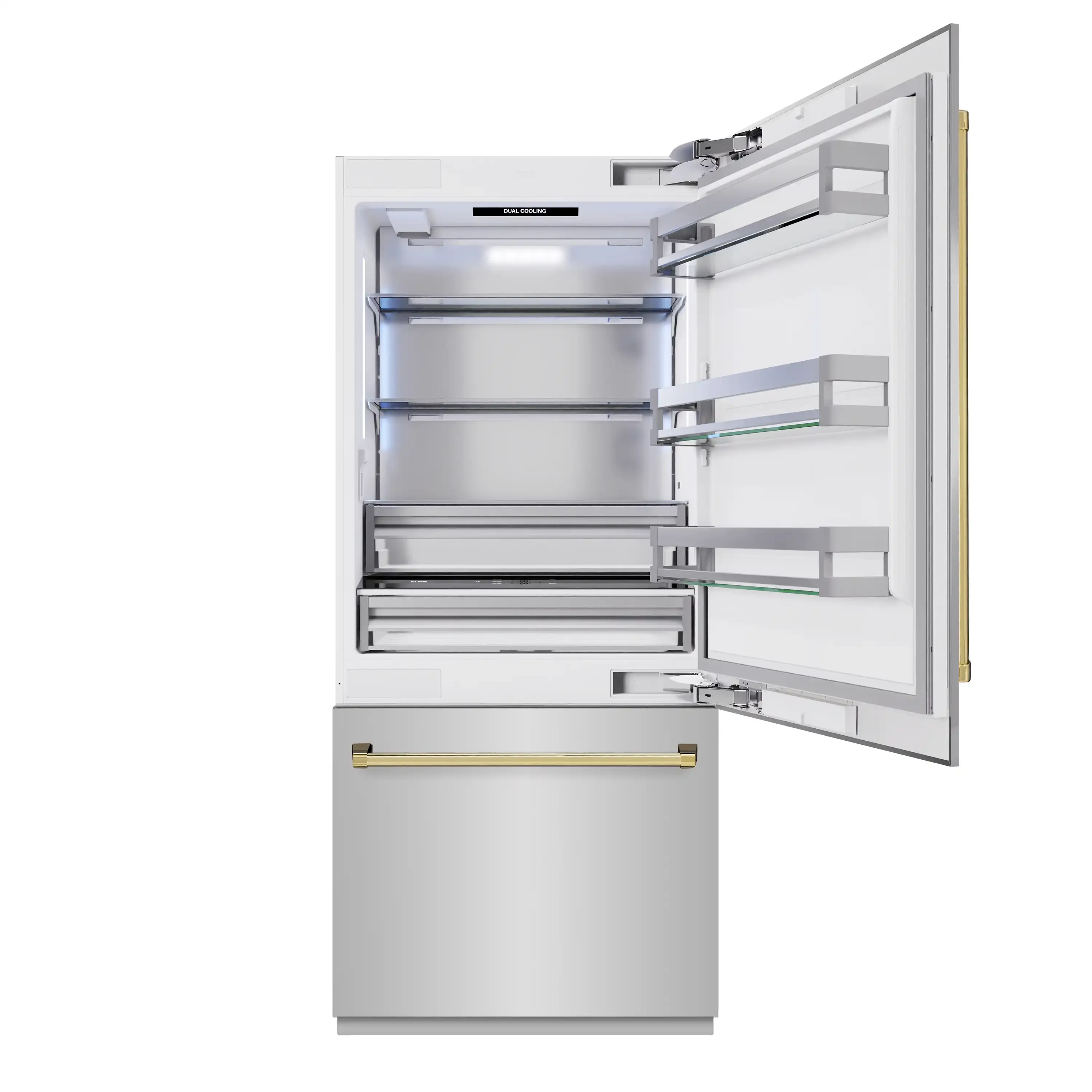 ZLINE Autograph Edition 36-Inch 19.8 Cu. Ft. Built-In Bottom Freezer Refrigerator with Water Dispenser and Ice Maker in Stainless Steel with Polished Gold Accents (RBITZ-304-36G) - Image 5