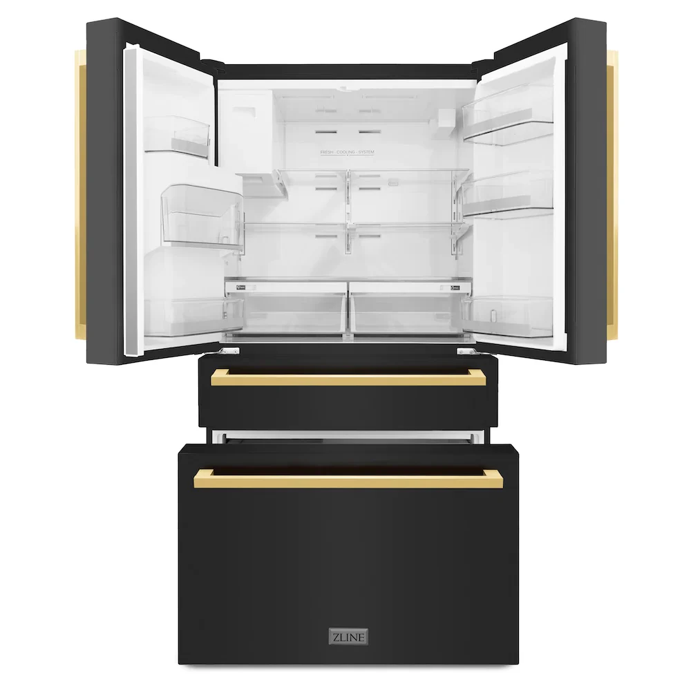 ZLINE Autograph Edition 36-Inch 21.6 cu. ft 4-Door French Door Refrigerator with Water and Ice Dispenser in Black Stainless Steel with Polished Gold Square Handles (RFMZ-W-36-BS-FG) - Image 3