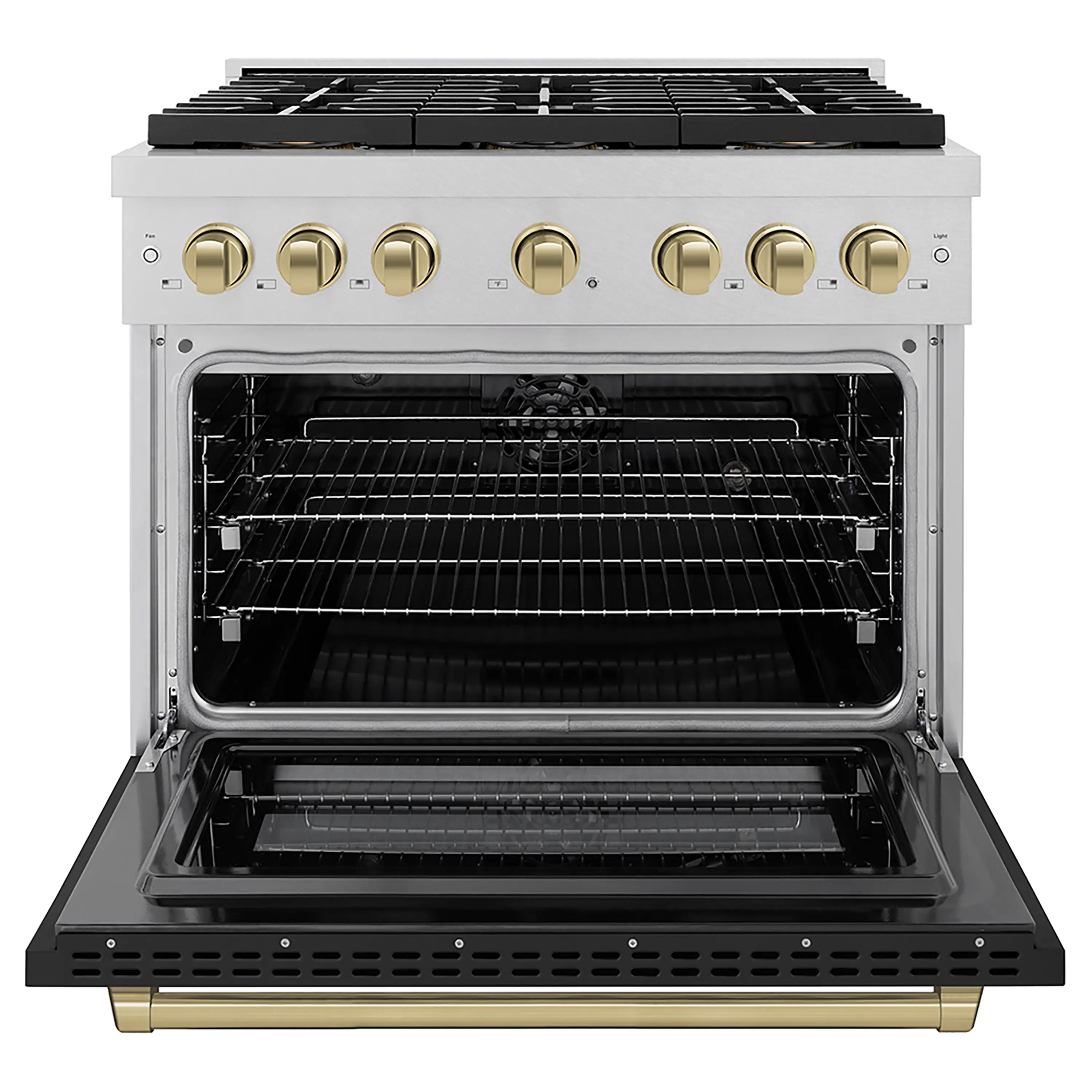 ZLINE Autograph Edition 36-Inch 5.2 cu. ft. Paramount Dual Fuel Range with 6 Burner DuoPro™ Cooktop and Electric Convection Oven in Satin Stainless Steel with Black Matte Door and Champagne Bronze Accents (PSDRSZ-BLM36-CB) - Image 2