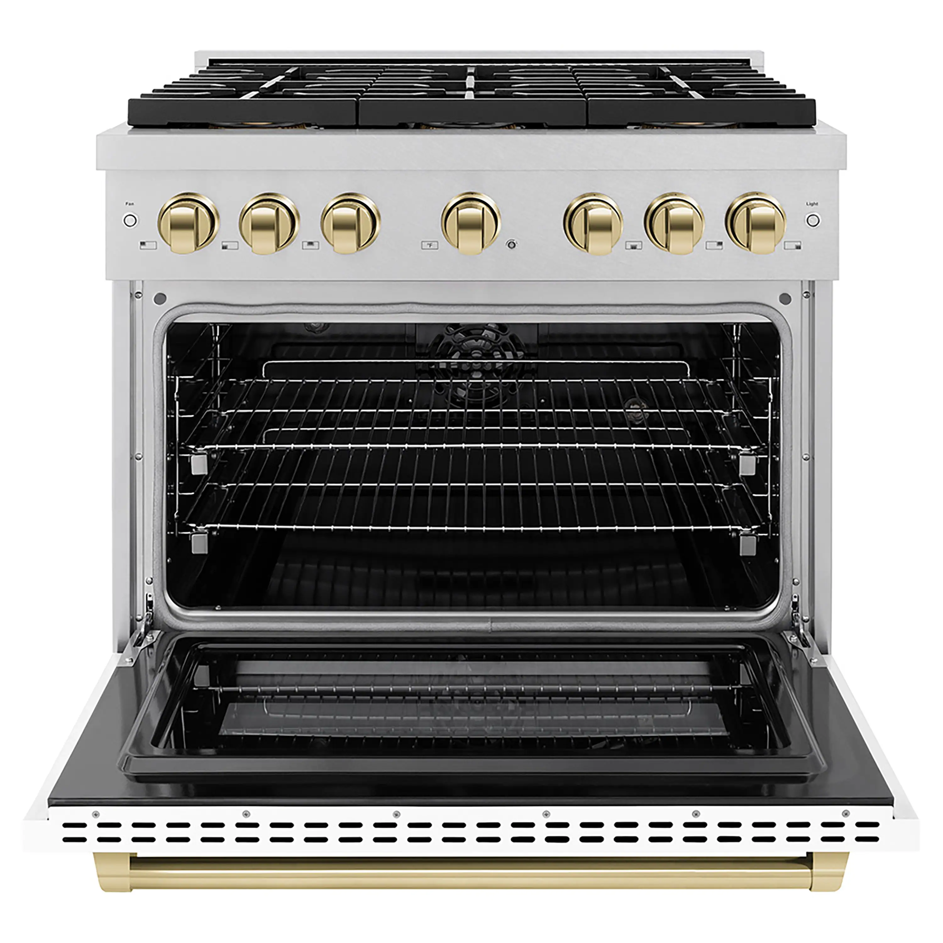 ZLINE Autograph Edition 36-Inch 5.2 cu. ft. Paramount Dual Fuel Range with 6 Burner DuoPro™ Cooktop and Electric Convection Oven in Satin Stainless Steel with White Matte Door and Polished Gold Accents (PSDRSZ-WM-36-G) - Image 2