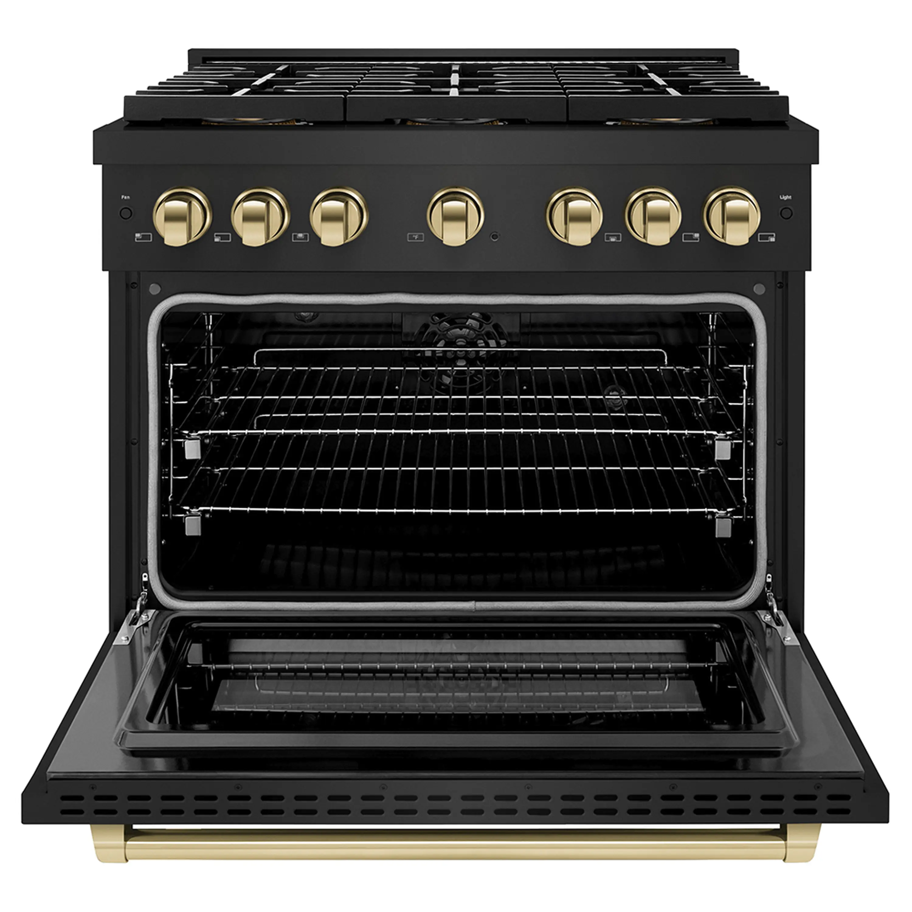 ZLINE Autograph Edition 36-Inch 5.2 cu. ft. Paramount Dual Fuel Range with 6 Burner DuoPro™ Cooktop and Electric Convection Oven in Black Stainless Steel and Polished Gold Accents (PSDRBZ-36-G) - Image 2