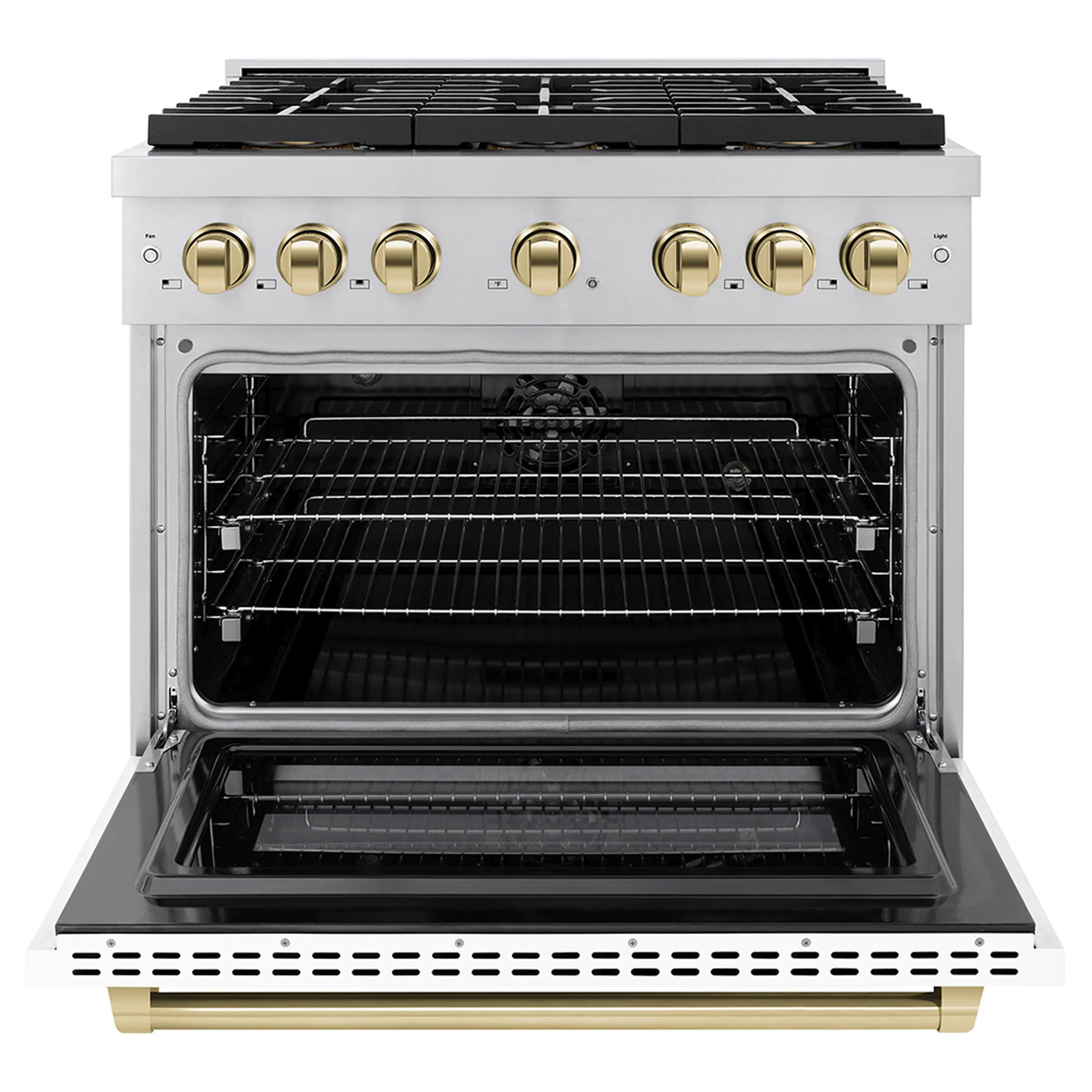 ZLINE Autograph Edition 36-Inch 5.2 cu. ft. Paramount Dual Fuel Range with 6 Burner DuoPro™ Cooktop and Electric Convection Oven with White Matte Door and Polished Gold Accents (PSDRZ-WM-36-G) - Image 2