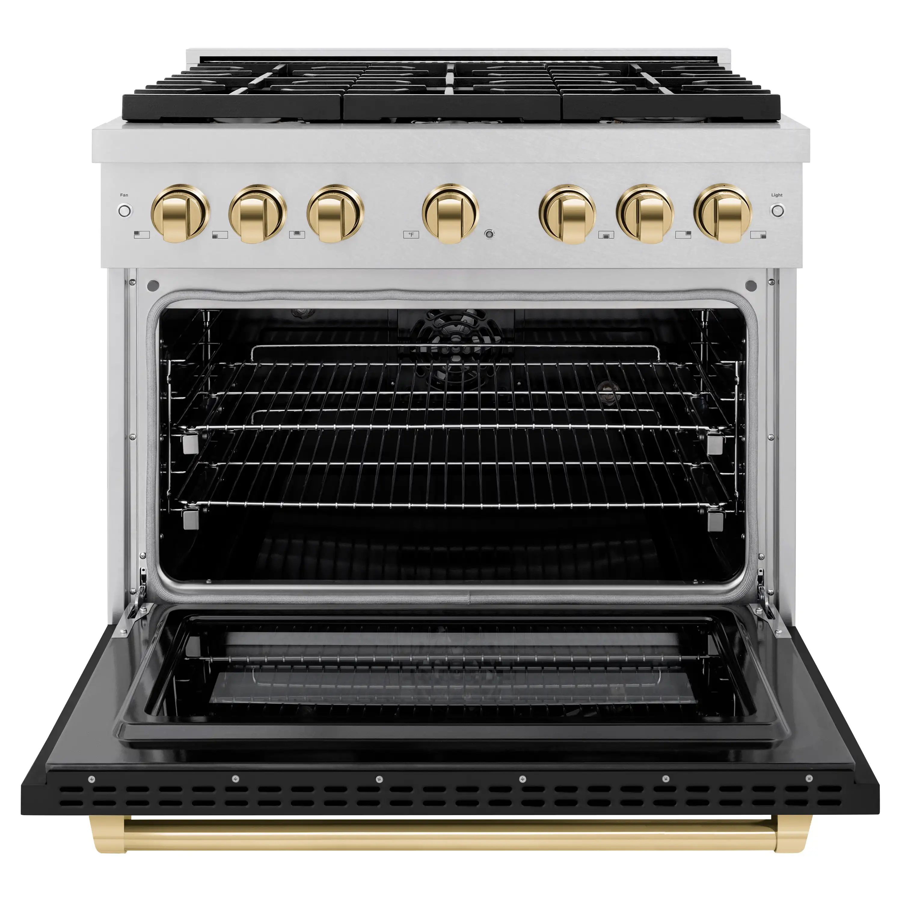 ZLINE Autograph Edition 36-Inch 5.2 cu. ft. Paramount Dual Fuel Range with 6 Burner Gas Cooktop and Electric Convection Oven in Satin Stainless Steel with Black Matte Door and Polished Gold Accents (SDRSZ-BLM-36-G) - Image 3