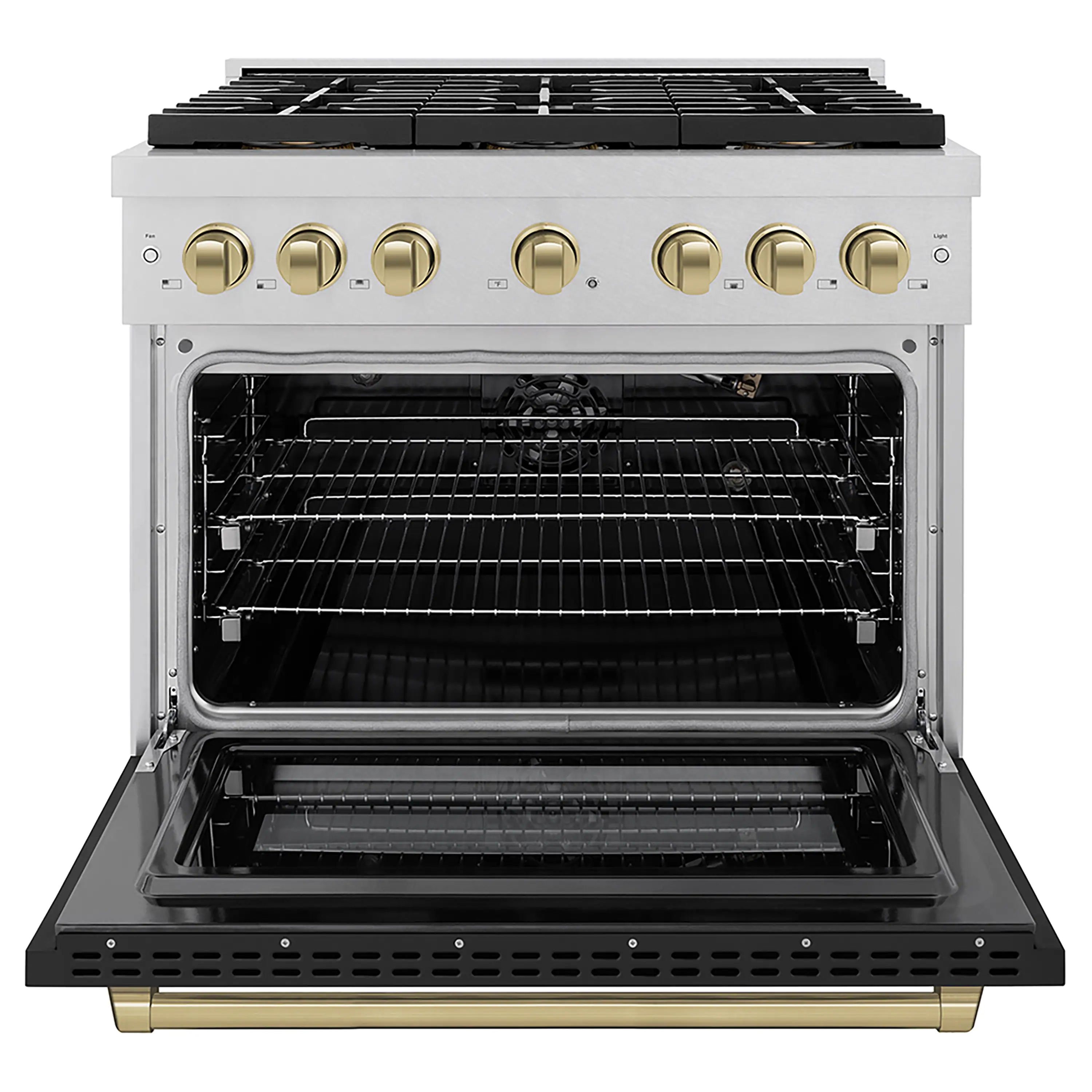 ZLINE Autograph Edition 36-Inch 5.2 cu. ft. Paramount Gas Range with 6 Burner DuoPro™ Cooktop and Convection Gas Oven in Satin Stainless Steel with Black Matte Door and Champagne Bronze Accents (PSGRSZ-BLM36-CB) - Image 2
