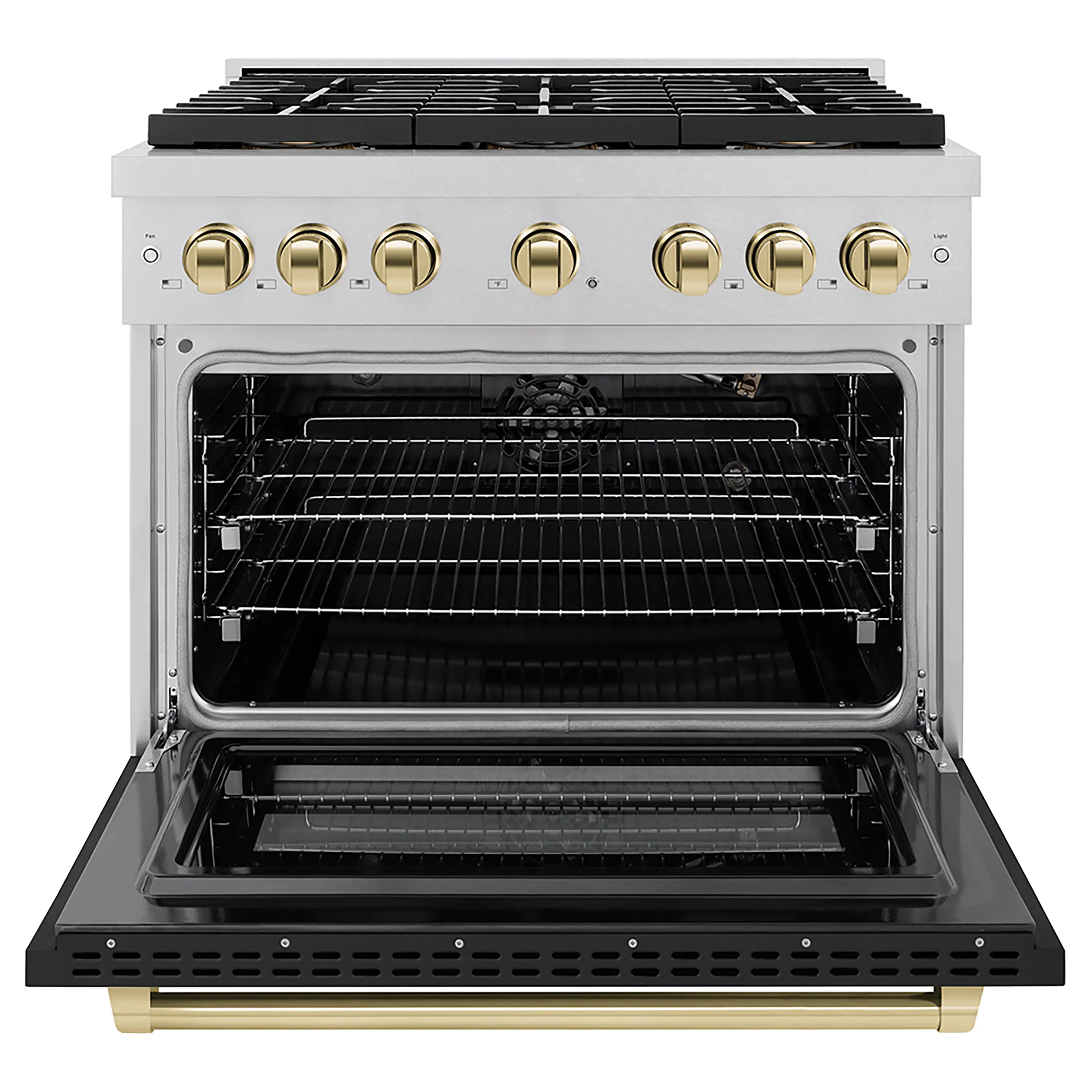 ZLINE Autograph Edition 36-Inch 5.2 cu. ft. Paramount Gas Range with 6 Burner DuoPro™ Cooktop and Convection Gas Oven in Satin Stainless Steel with Black Matte Door and Polished Gold Accents (PSGRSZ-BLM36-G) - Image 2