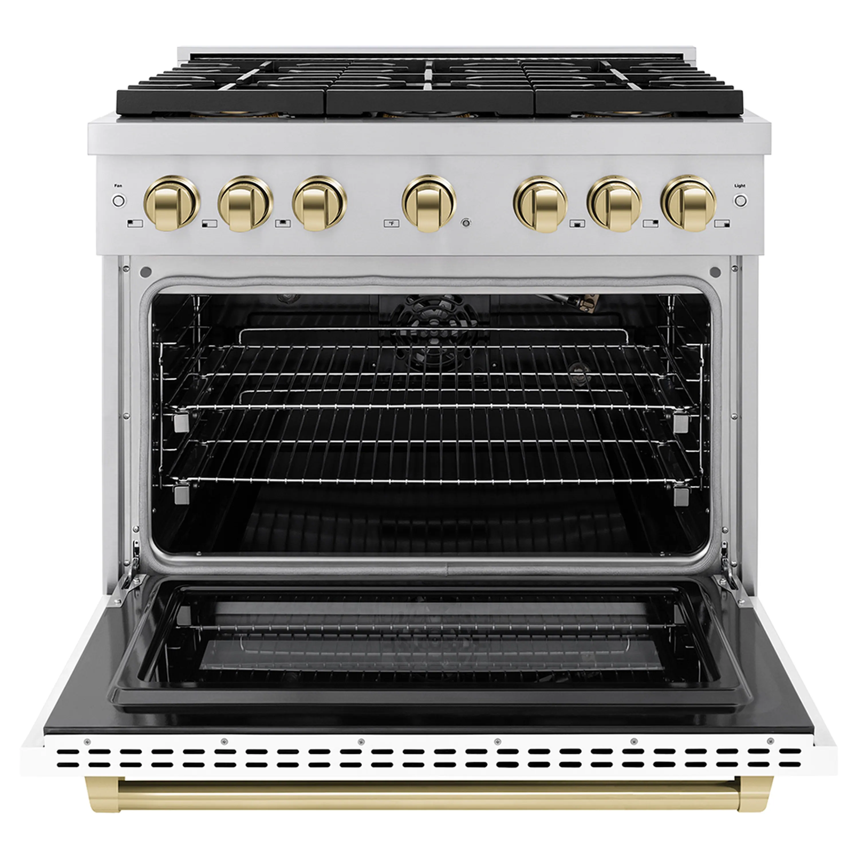 ZLINE Autograph Edition 36-Inch 5.2 cu. ft. Paramount Gas Range with 6 Burner DuoPro™ Cooktop and Convection Gas Oven with White Matte Door and Polished Gold Accents (PSGRZ-WM-36-G) - Image 2