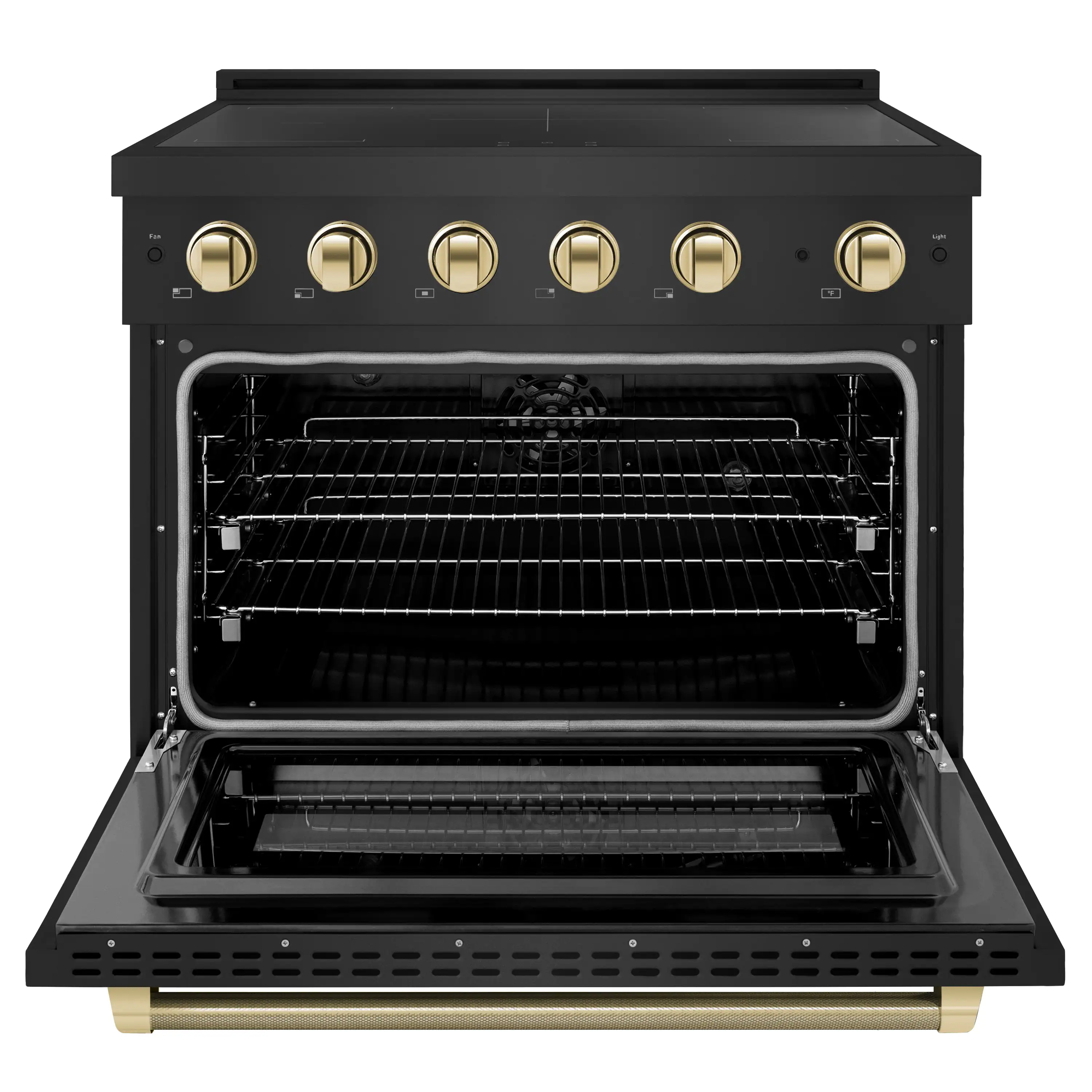 ZLINE Autograph Edition 36-Inch 5.2 Cu. Ft. Paramount Induction Range with 5 Element Cooktop and Electric Convection Oven in Black Stainless Steel with Polished Gold Helix Handle and Knob Accents (SINRBZ-36-KG) - Image 3