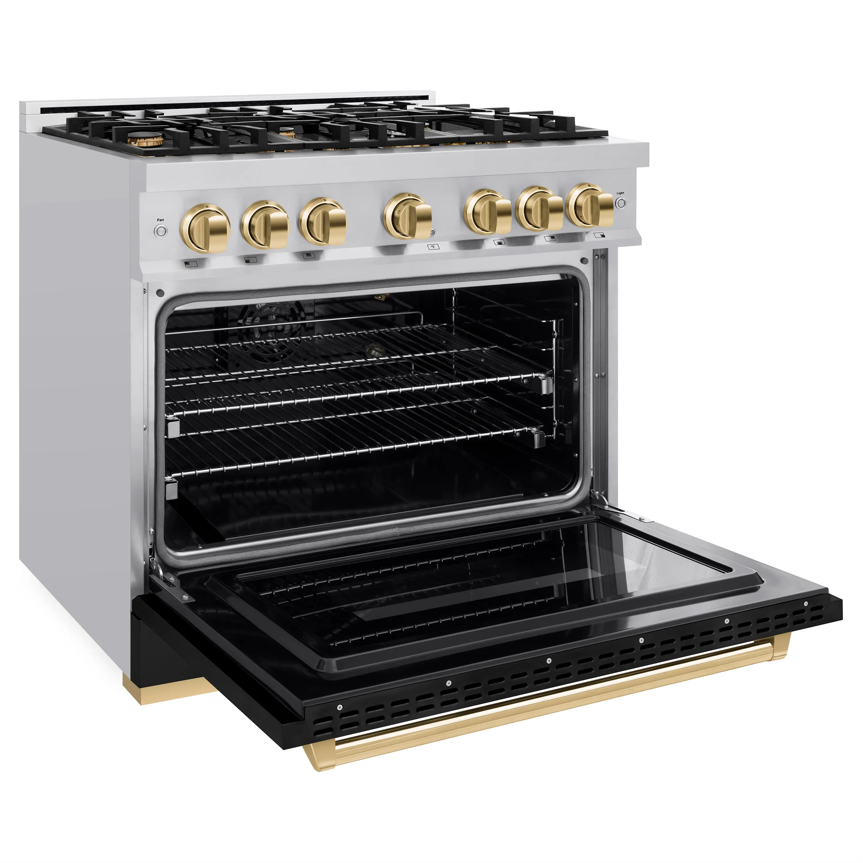 ZLINE Autograph Edition 36-Inch Classic Series Gas Range with 6 Gas Burners and 5.2 Cu. Ft. Gas Convection Oven in Stainless Steel with Black Matte Door and Polished Gold Accents (CGRZ-BLM-36-G) - Image 4