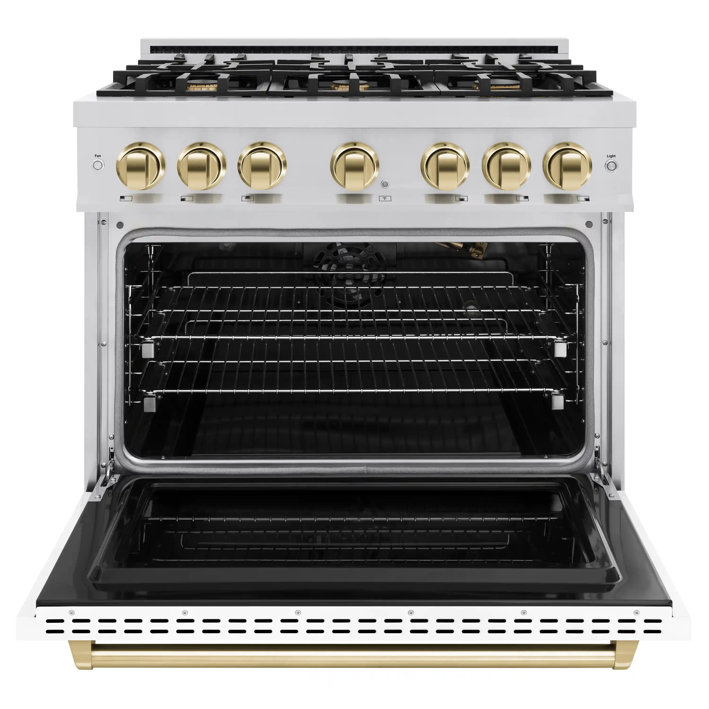 ZLINE Autograph Edition 36-Inch Classic Series Gas Range with 6 Gas Burners and 5.2 Cu. Ft. Gas Convection Oven in Stainless Steel with White Matte Door and Polished Gold Accents (CGRZ-WM-36-G) - Image 3