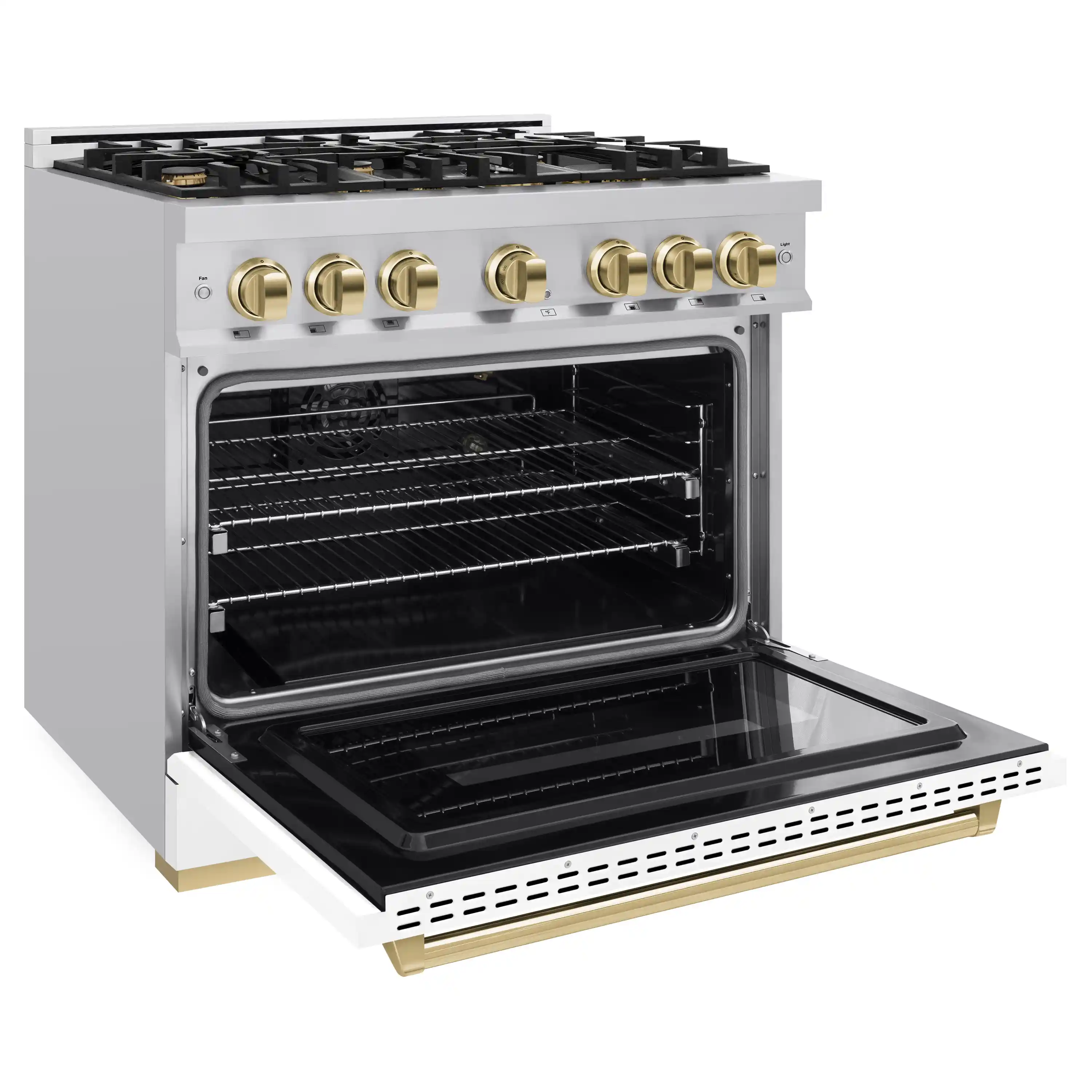 ZLINE Autograph Edition 36-Inch Classic Series Gas Range with 6 Gas Burners and 5.2 Cu. Ft. Gas Convection Oven in Stainless Steel with White Matte Door and Polished Gold Accents (CGRZ-WM-36-G) - Image 4