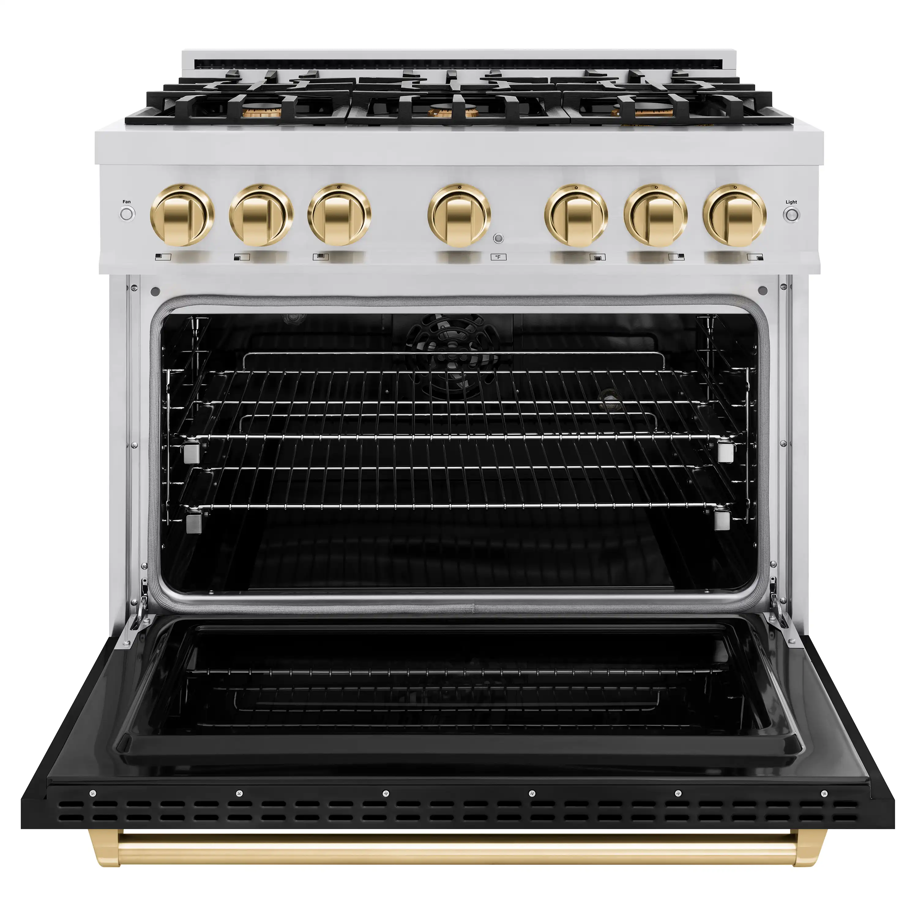 ZLINE Autograph Edition 36-Inch Classic Series Dual Fuel Range with 6 Gas Burner Cooktop and 5.2 Cu. Ft. Electric Convection Oven in Stainless Steel with Black Matte Door and Polished Gold Accents (CDRZ-BLM-36-G) - Image 5