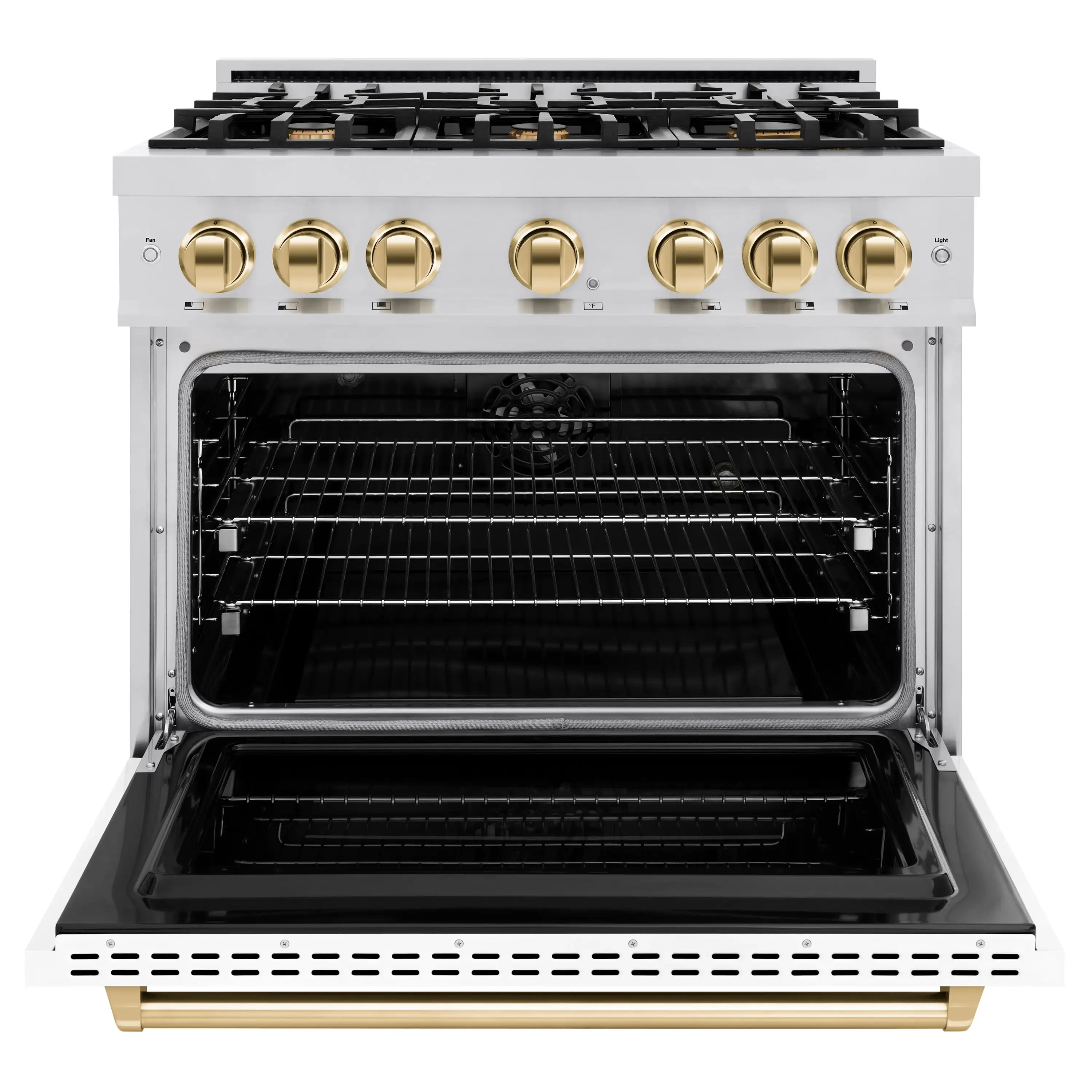 ZLINE Autograph Edition 36-Inch Classic Series Dual Fuel Range with 6 Gas Burner Cooktop and 5.2 Cu. Ft. Electric Convection Oven in Stainless Steel with White Matte Door and Polished Gold Accents (CDRZ-WM-36-G) - Image 3