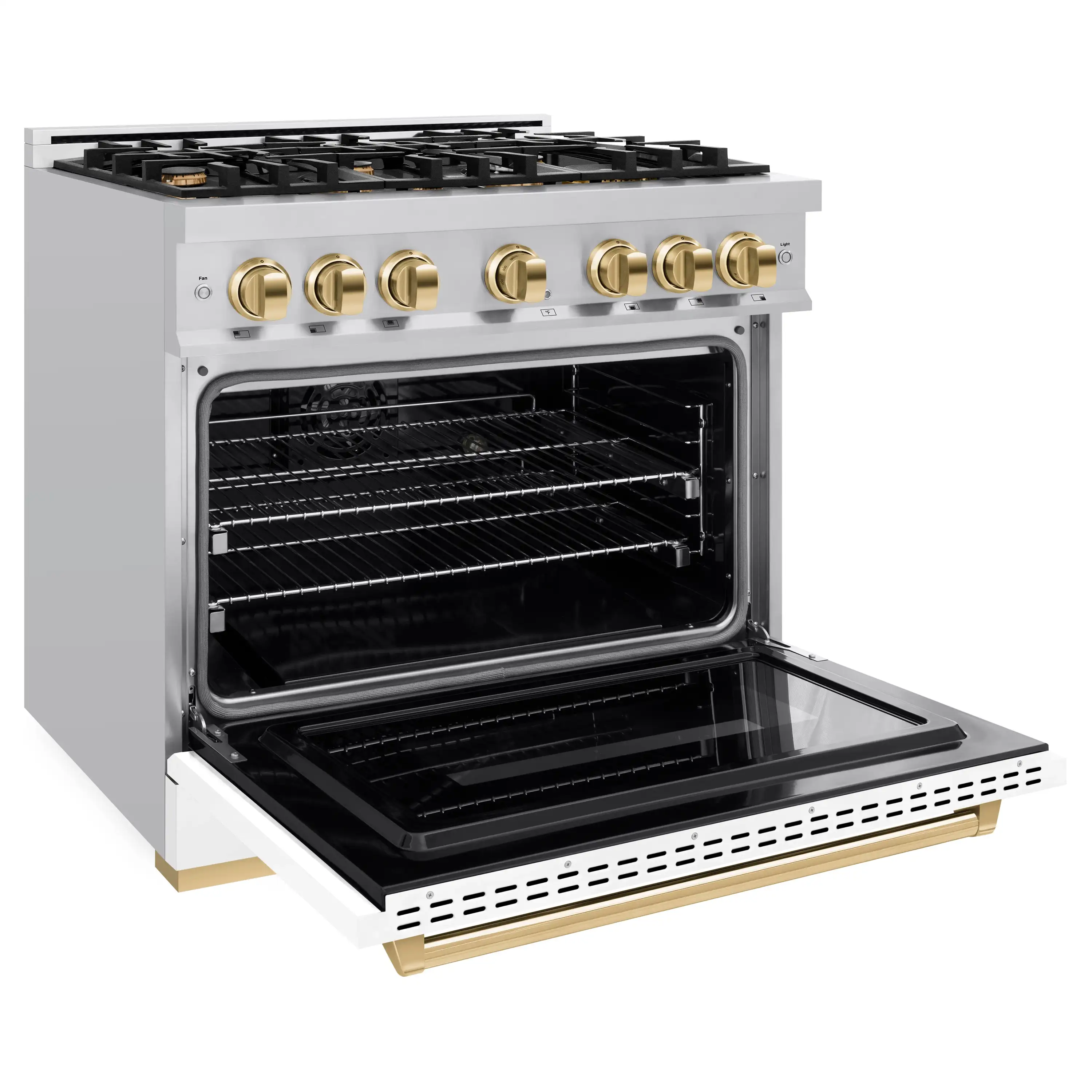 ZLINE Autograph Edition 36-Inch Classic Series Dual Fuel Range with 6 Gas Burner Cooktop and 5.2 Cu. Ft. Electric Convection Oven in Stainless Steel with White Matte Door and Polished Gold Accents (CDRZ-WM-36-G) - Image 4