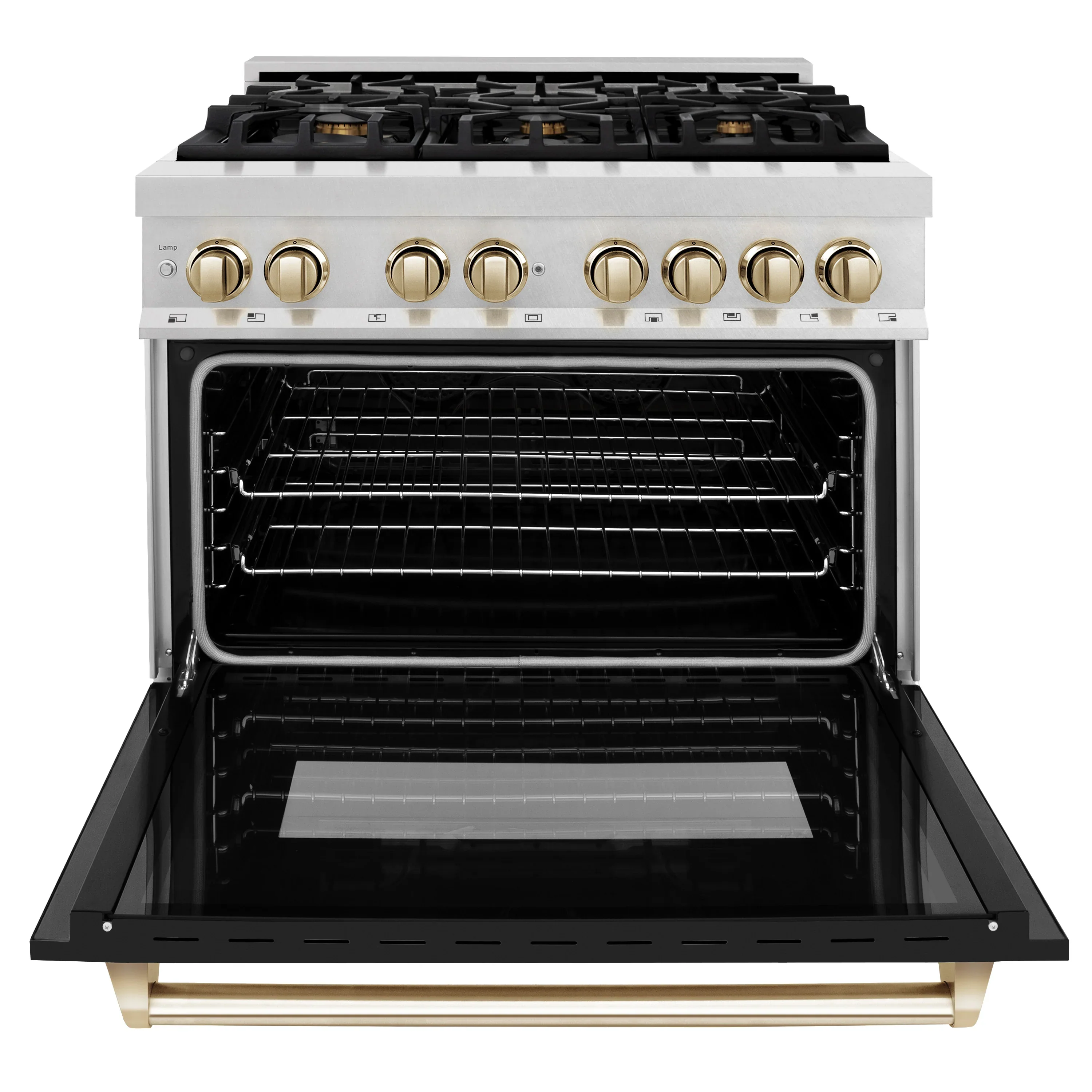 ZLINE Legacy Series Autograph Edition 36-inch Dual Fuel Range with Gas Stove and 4.6 Cu. Ft. Electric Oven in Fingerprint Resistant Fingerprint Resistant DuraSnow® Stainless Steel with Black Matte Door and Polished Gold Accents (RASZ-BLM-36-G) - Image 4