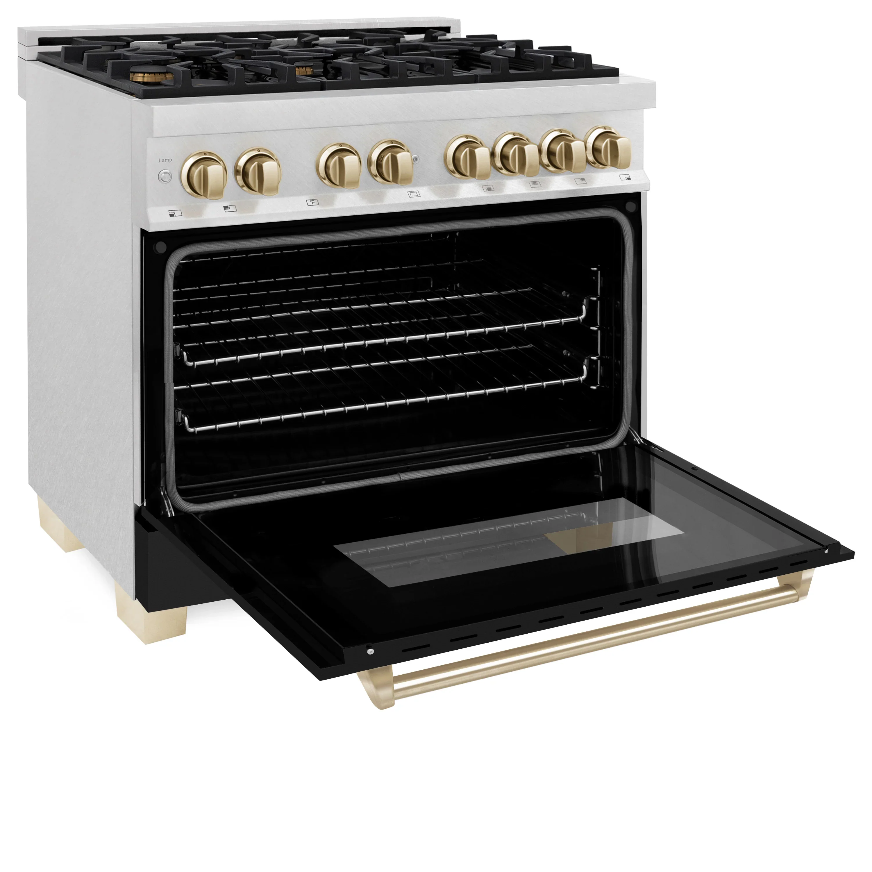 ZLINE Legacy Series Autograph Edition 36-inch Dual Fuel Range with Gas Stove and 4.6 Cu. Ft. Electric Oven in Fingerprint Resistant Fingerprint Resistant DuraSnow® Stainless Steel with Black Matte Door and Polished Gold Accents (RASZ-BLM-36-G) - Image 5