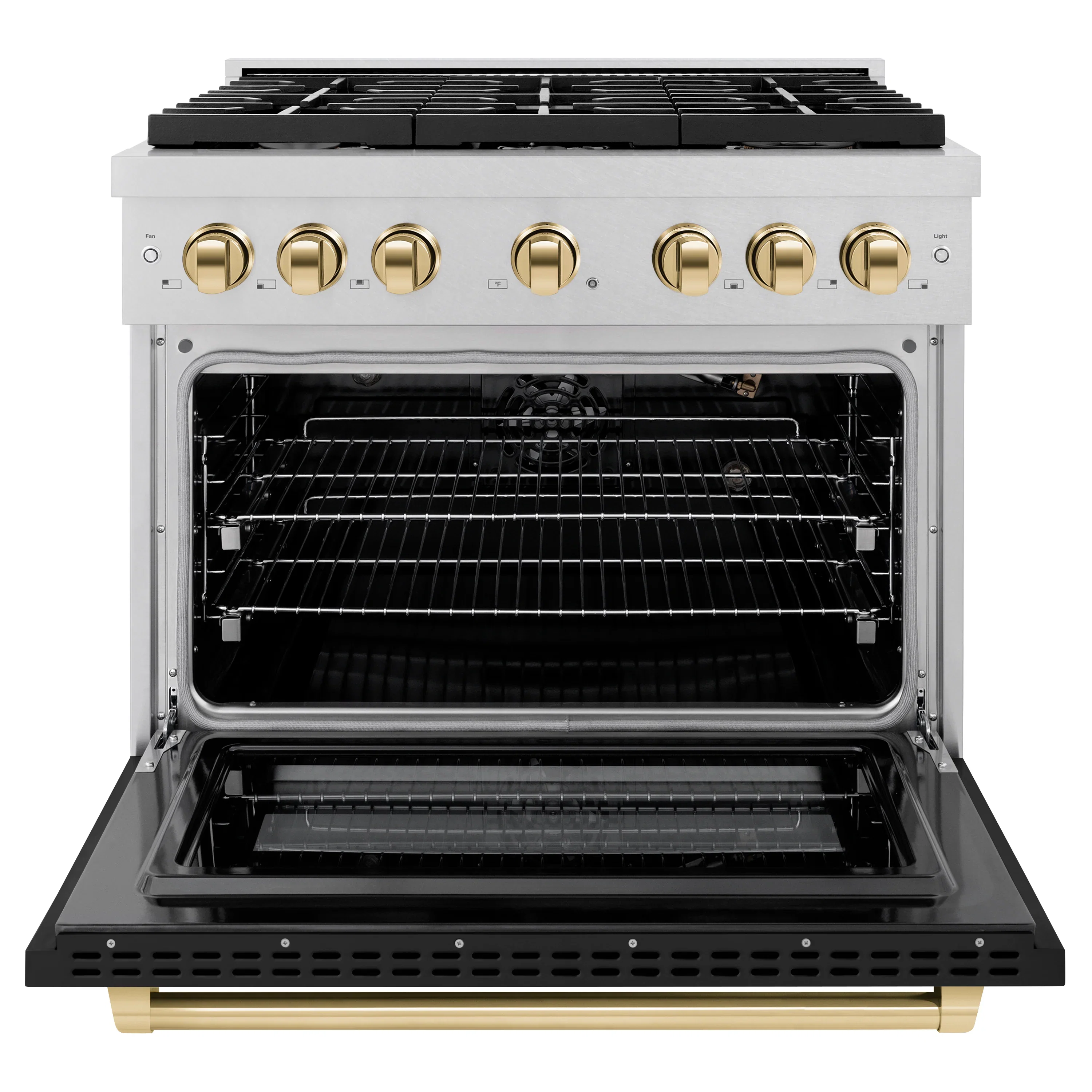 ZLINE Autograph Edition 36-Inch Paramount Gas Range with Convection Oven in Fingerprint Resistant Satin Stainless Steel with Black Matte Door and Polished Gold Accents (SGRSZ-BLM-36-G) - Image 3