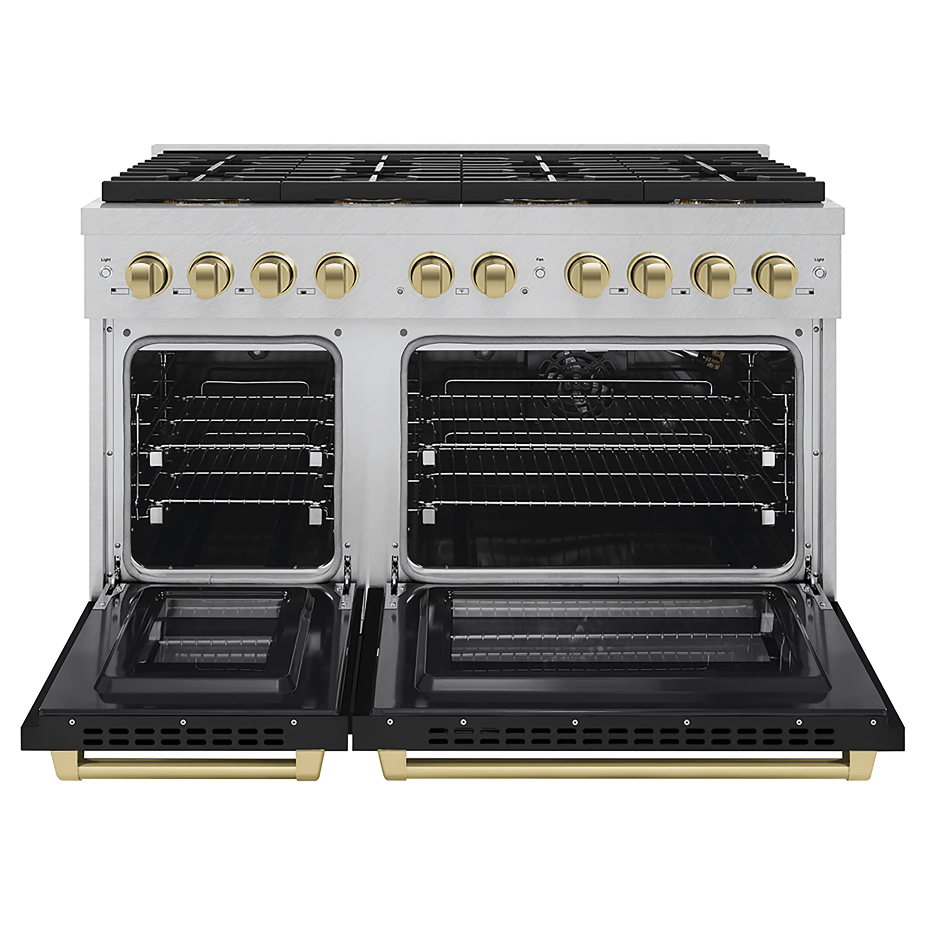ZLINE Autograph Edition 48-Inch 6.7 cu. ft. Paramount Dual Fuel Range with 8 Burner DuoPro™ Cooktop and Dual Ovens in Satin Stainless Steel with Black Matte Doors and Champagne Bronze Accents (PSDRSZ-BLM48-CB) - Image 2