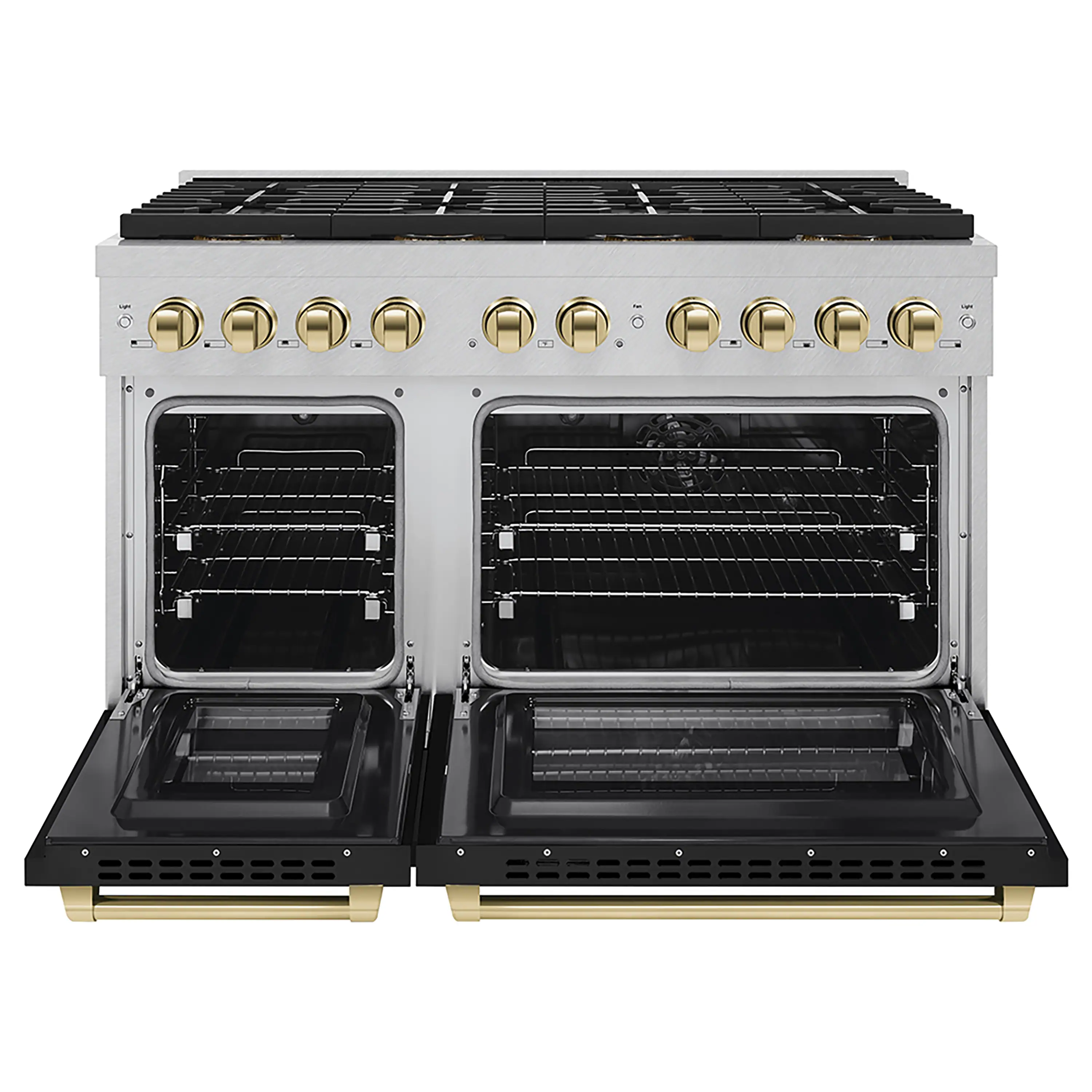 ZLINE Autograph Edition 48-Inch 6.7 cu. ft. Paramount Dual Fuel Range with 8 Burner DuoPro™ Cooktop and Dual Ovens in Satin Stainless Steel with Black Matte Doors and Polished Gold Accents (PSDRSZ-BLM48-G) - Image 2