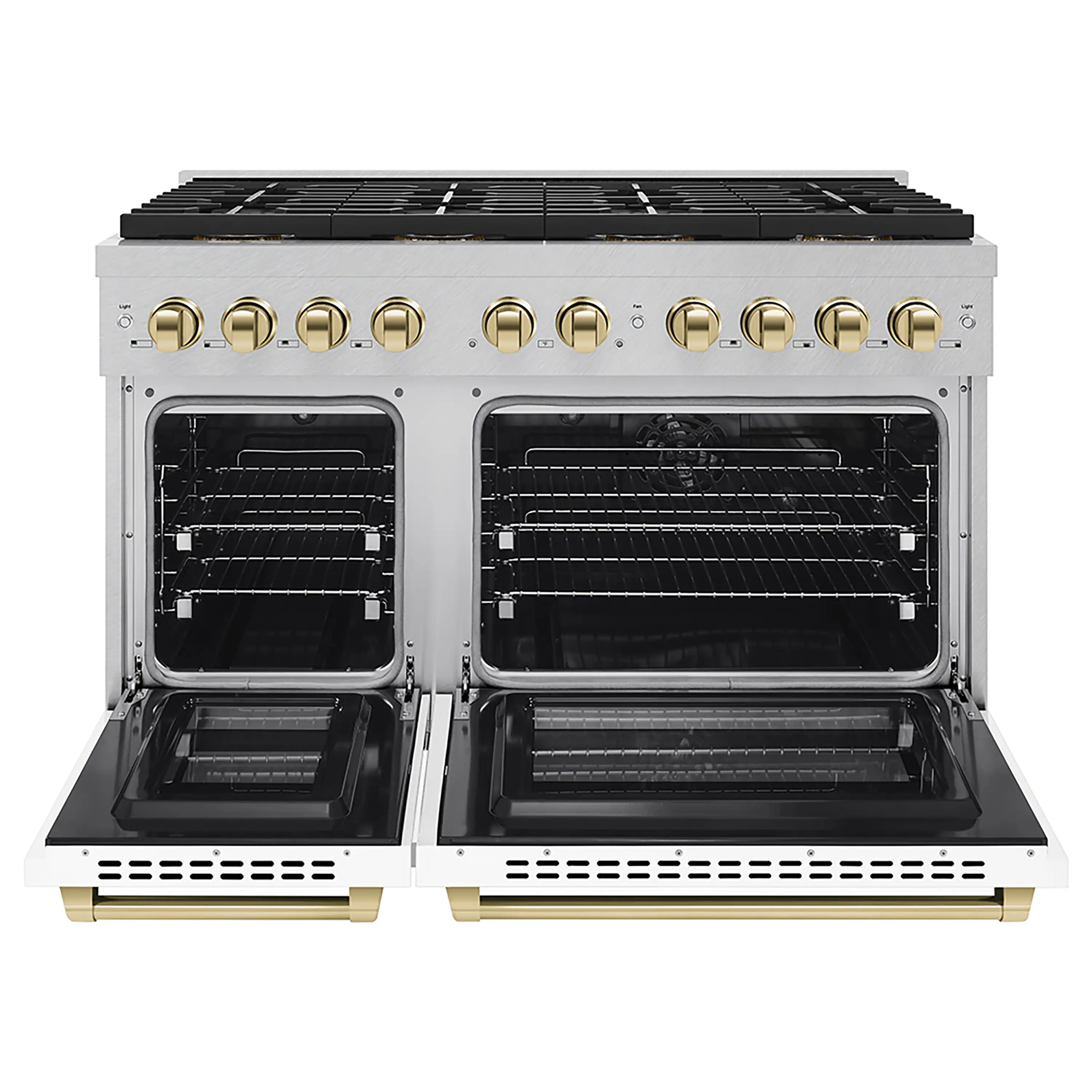 ZLINE Autograph Edition 48-Inch 6.7 cu. ft. Paramount Dual Fuel Range with 8 Burner DuoPro™ Cooktop and Dual Ovens in Satin Stainless Steel with White Matte Doors and Polished Gold Accents (PSDRSZ-WM-48-G) - Image 2