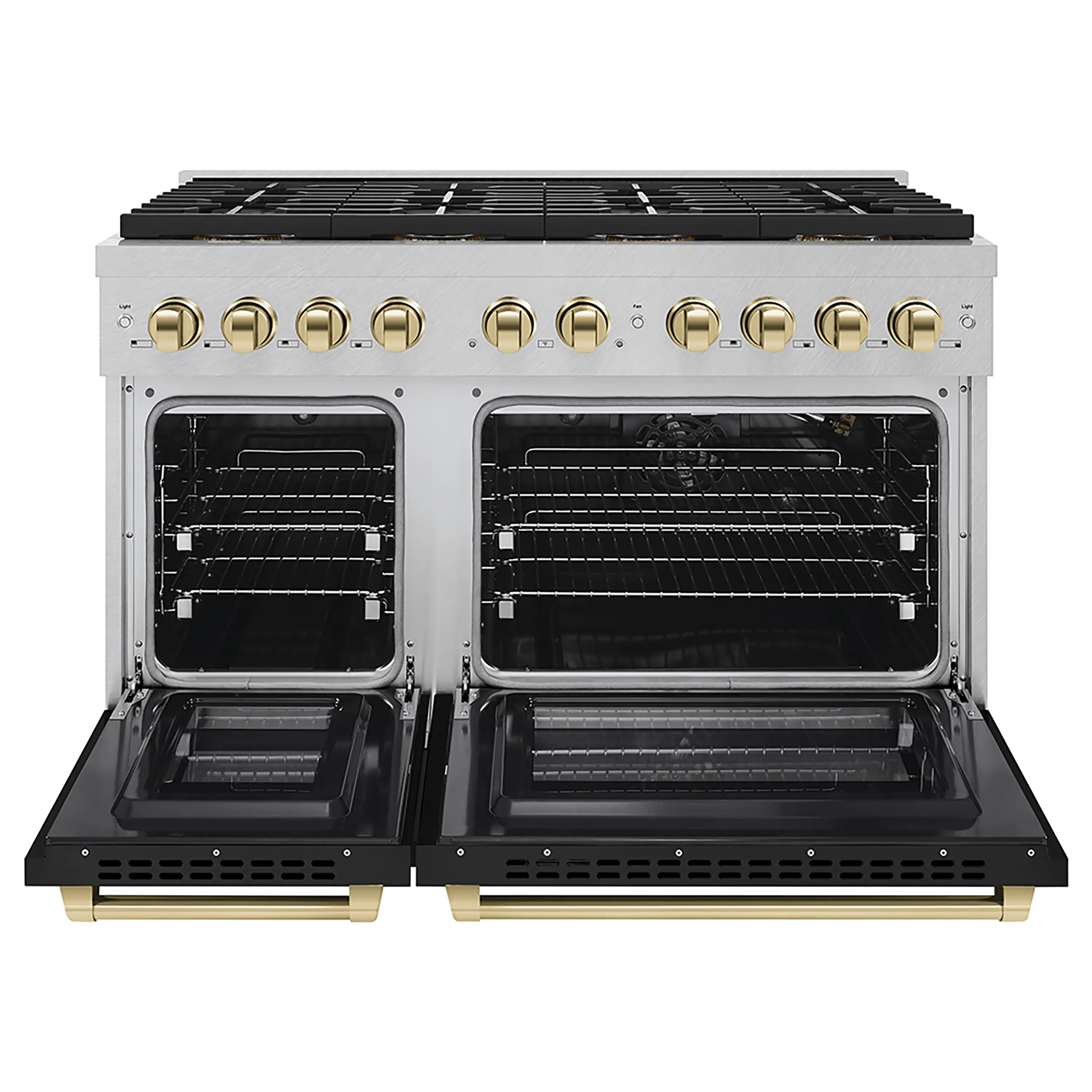 ZLINE Autograph Edition 48-Inch 6.7 cu. ft. Paramount Gas Range with 8 Burner DuoPro™ Cooktop and Dual Ovens in Satin Stainless Steel with Black Matte Doors and Polished Gold Accents (PSGRSZ-BLM48-G) - Image 2