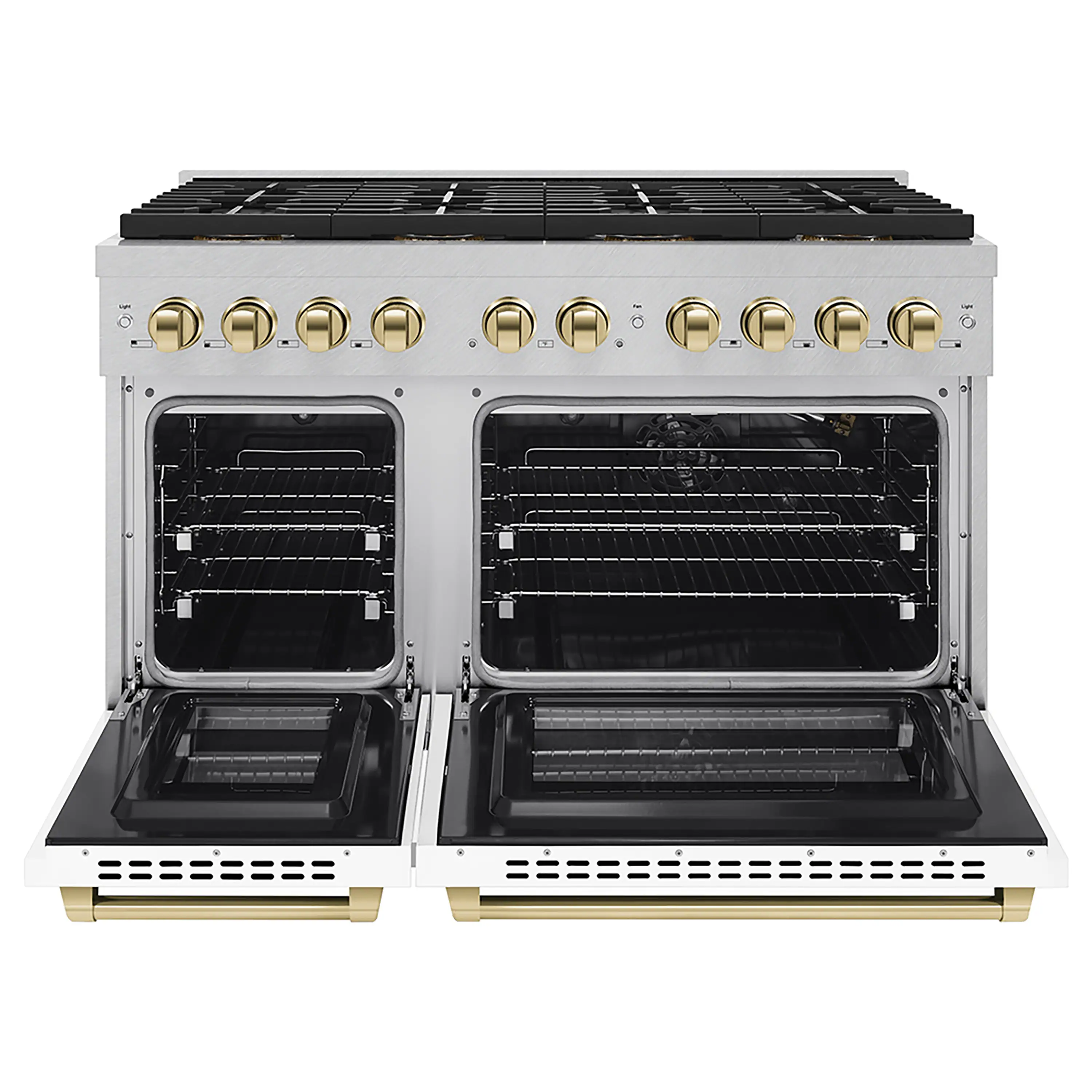ZLINE Autograph Edition 48-Inch 6.7 cu. ft. Paramount Gas Range with 8 Burner DuoPro™ Cooktop and Dual Ovens in Satin Stainless Steel with White Matte Doors and Polished Gold Accents (PSGRSZ-WM-48-G) - Image 2
