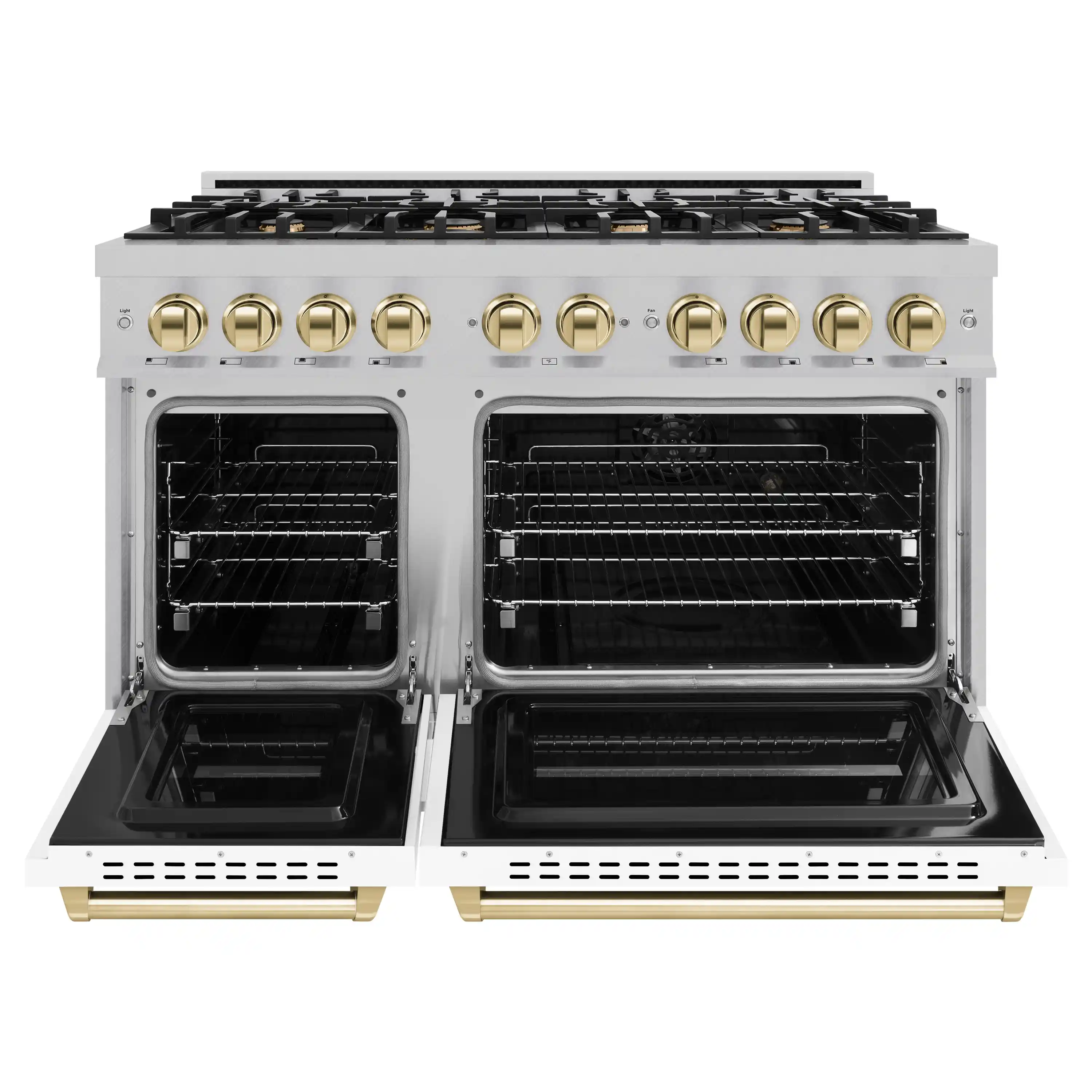 ZLINE Autograph Edition 48-Inch Classic Series Gas Range with 8 Gas Burner Cooktop and 6.7 Cu. Ft. Gas Convection Oven in Satin Stainless Steel with White Matte Doors and Polished Gold Accents (CGRSZ-WM-48-G) - Image 3
