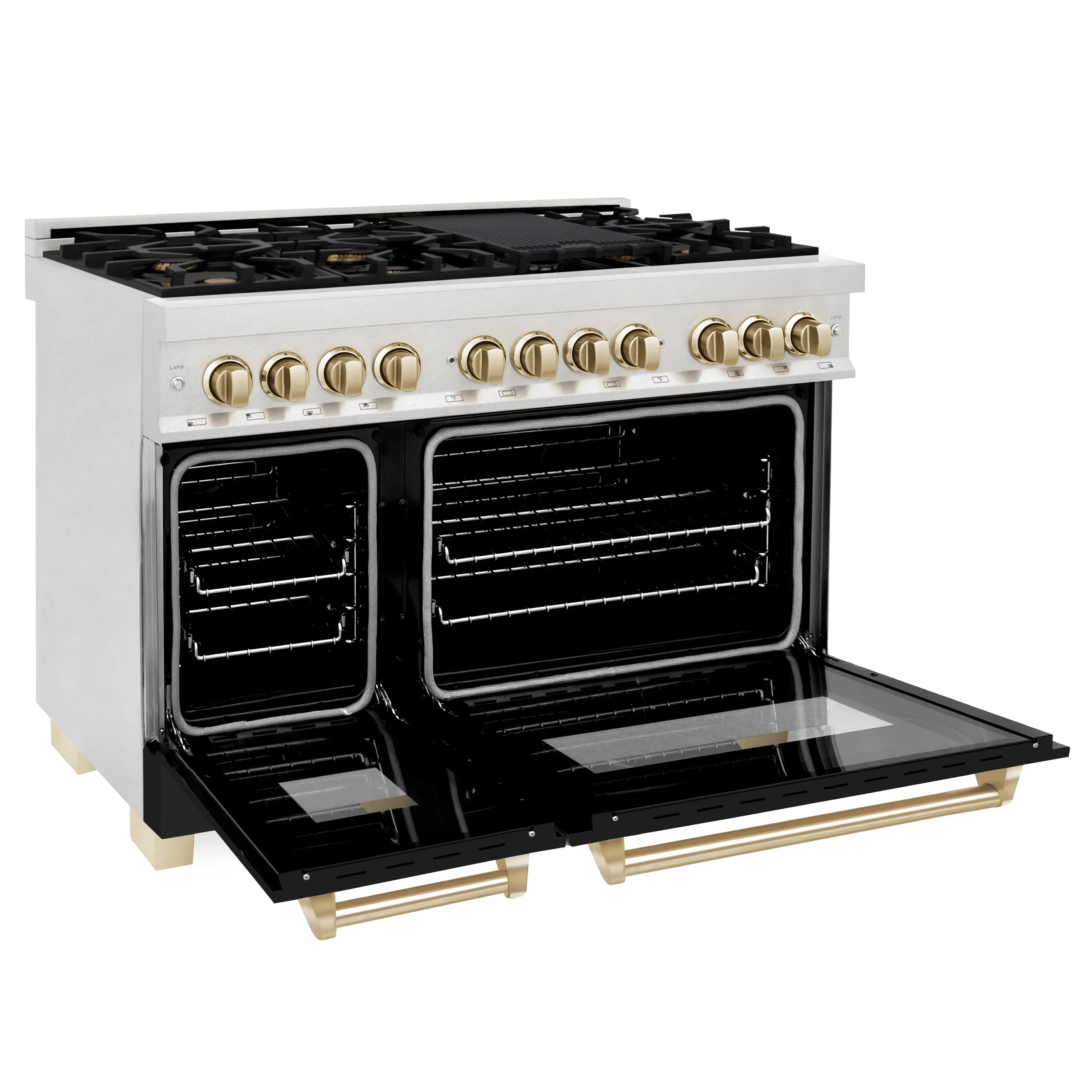 ZLINE Legacy Series Autograph Edition 48-inch Dual Fuel Range with Gas Stove and 6.0 Cu. Ft. Electric Oven in Fingerprint Resistant DuraSnow® Stainless Steel with Black Matte Door and Polished Gold Accents (RASZ-BLM-48-G) - Image 13