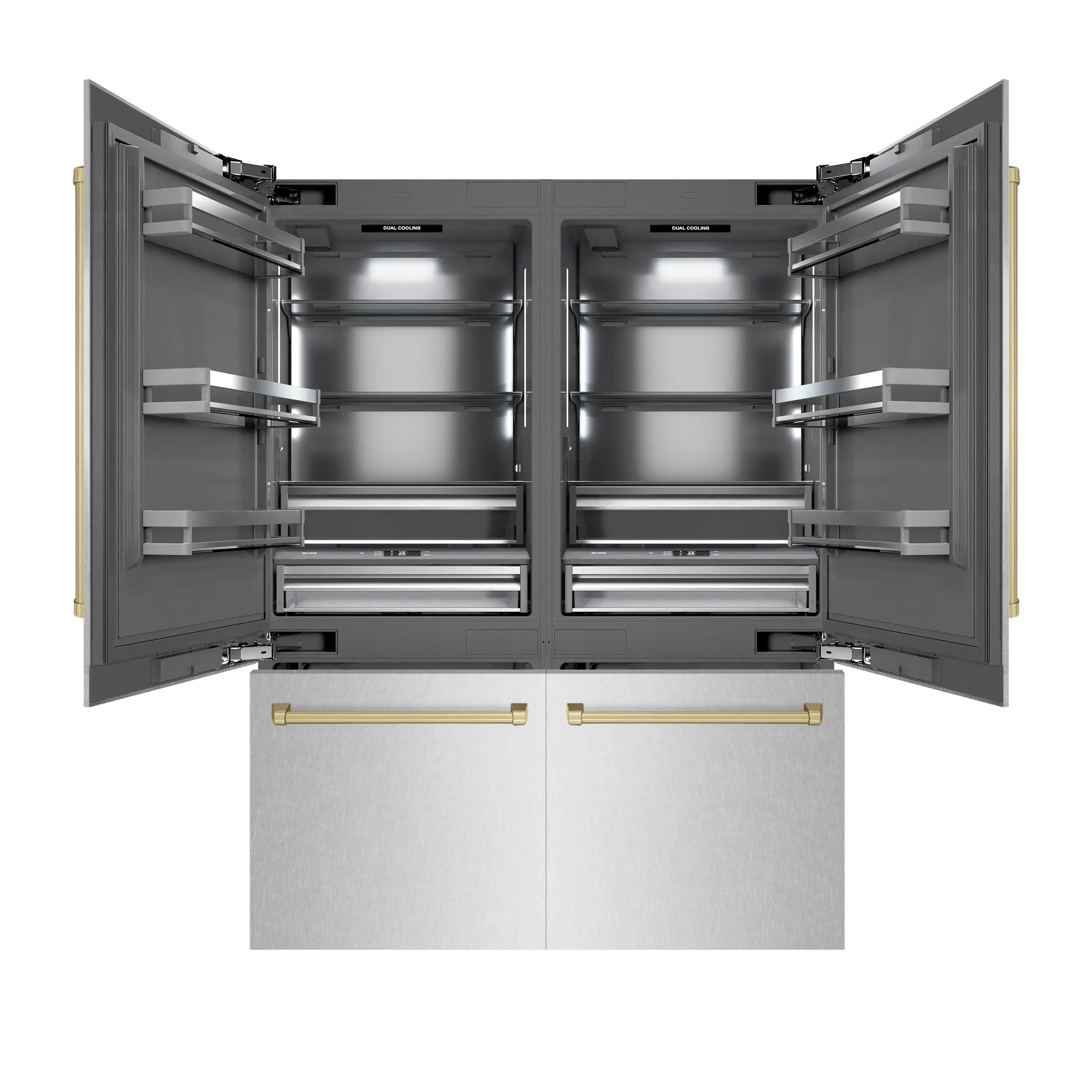 ZLINE Autograph Edition 60-Inch 32.2 Cu. Ft. French Door Built-In Bottom Freezer Refrigerator with Water Dispenser and Ice Maker in Satin Stainless Steel with Graphite Gray Interior and Champagne Bronze Accents (GRBIVZ-SN-60-CB) - Image 4