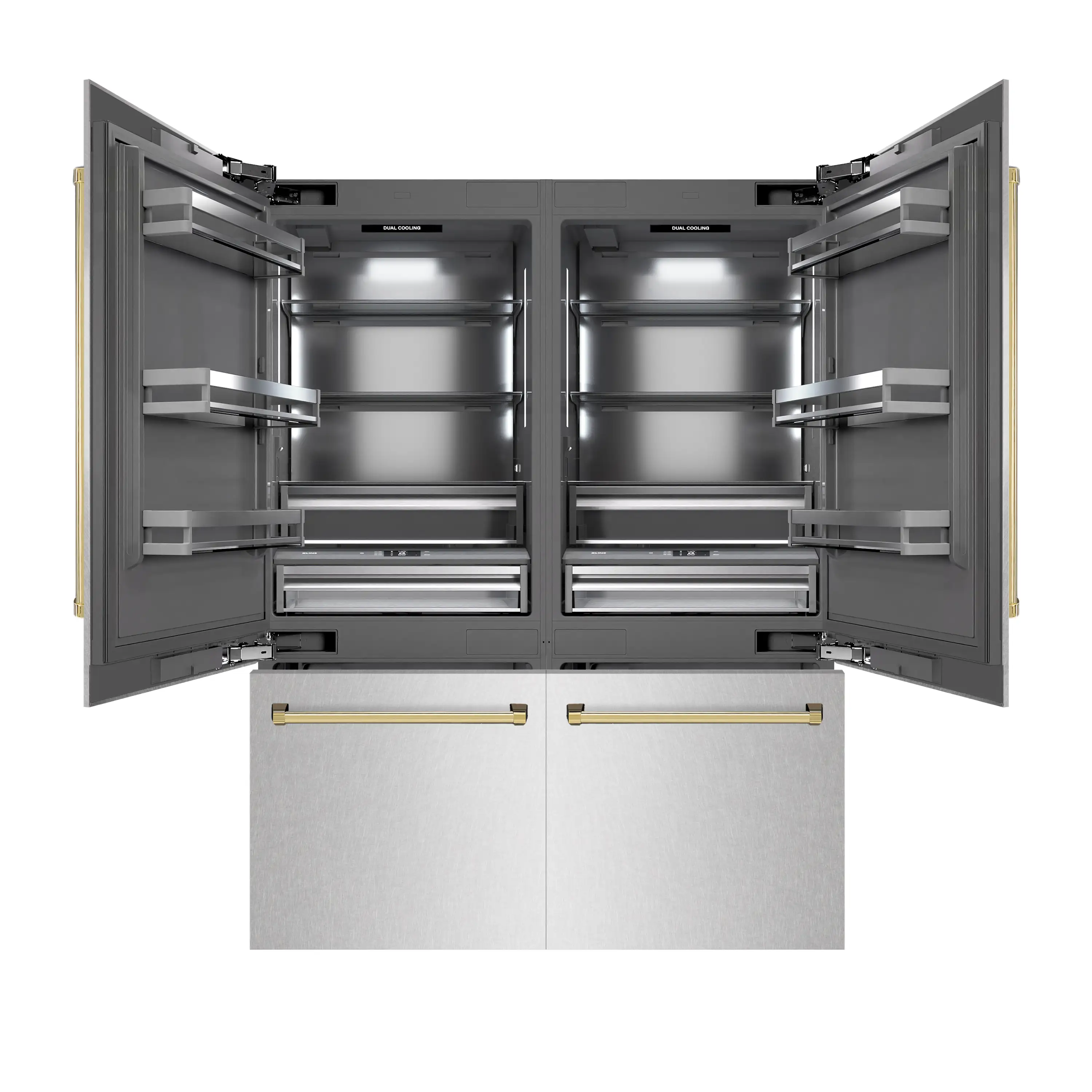 ZLINE Autograph Edition 60-Inch 32.2 Cu. Ft. French Door Built-In Bottom Freezer Refrigerator with Water Dispenser and Ice Maker in Satin Stainless Steel with Graphite Gray Interior and Polished Gold Accents (GRBIVZ-SN-60-G) - Image 3