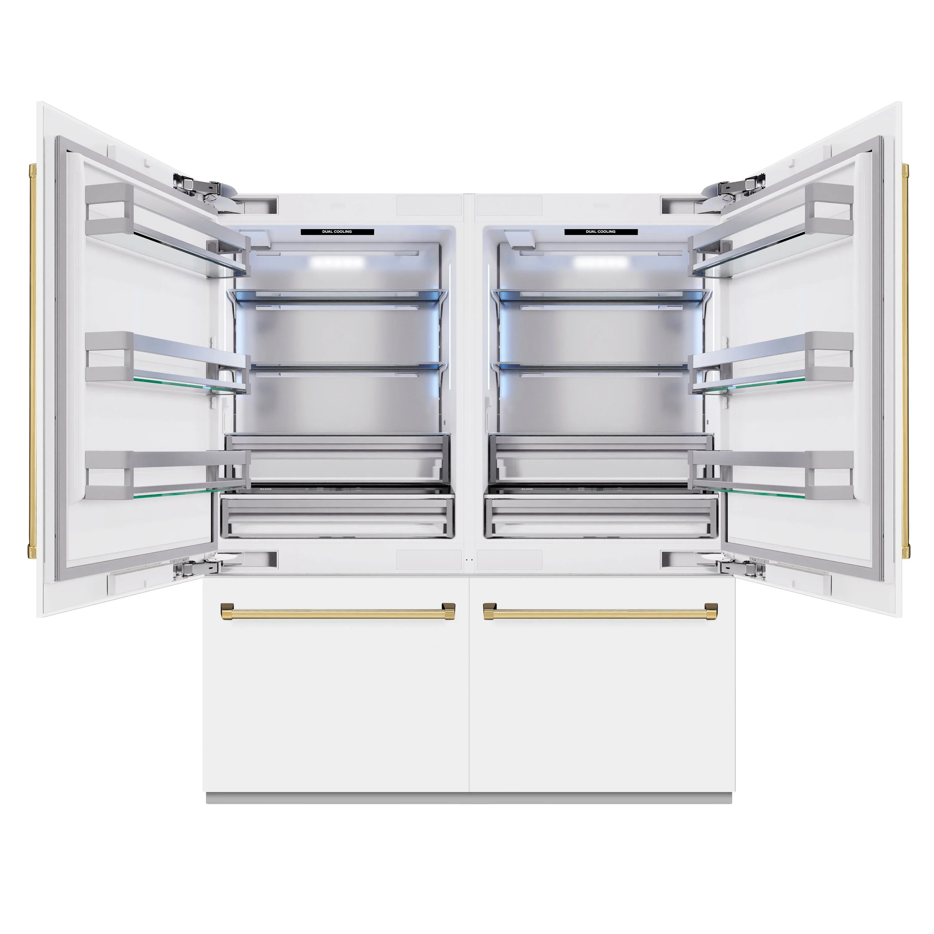 ZLINE Autograph Edition 72-Inch 39.6 Cu. Ft. French Door Built-In Bottom Freezer Refrigerator with Water Dispensers and Ice Makers in White Matte and Polished Gold Accents (RBITZ-WM-72-G) - Image 4
