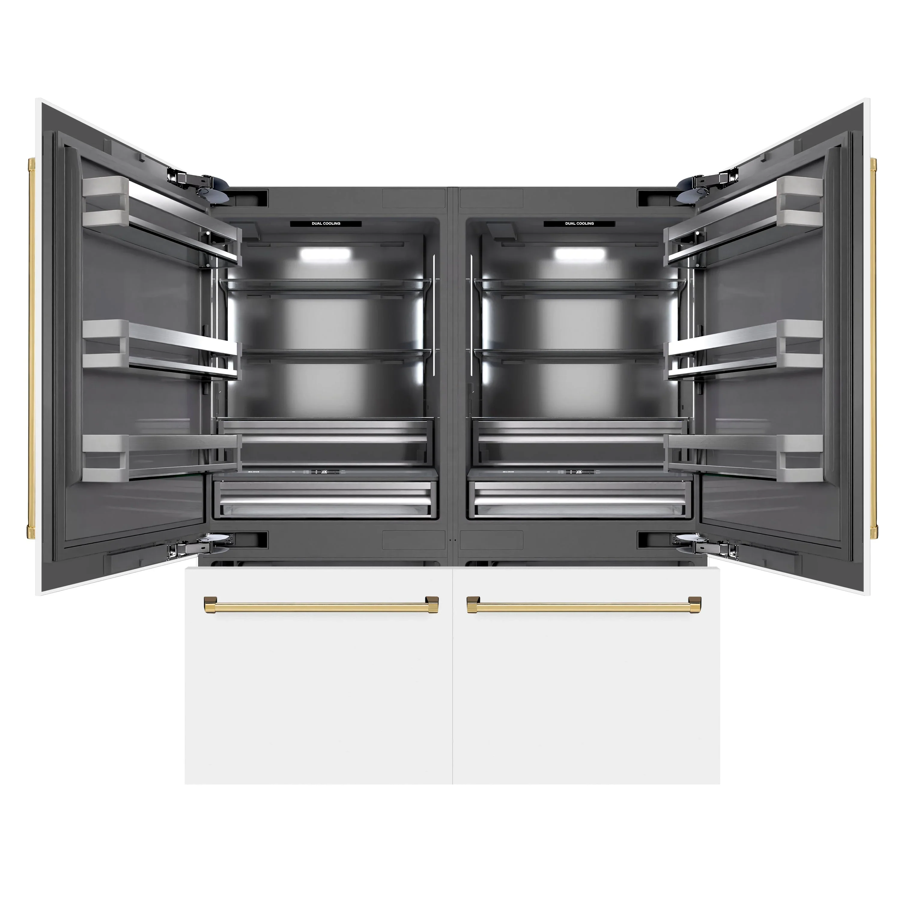 ZLINE Autograph Edition 72-Inch 39.6 Cu. Ft. French Door Built-In Bottom Freezer Refrigerator with Water Dispensers and Ice Makers in White Matte with Graphite Gray Interior and Polished Gold Accents (GRBITZ-WM-72-G) - Image 4