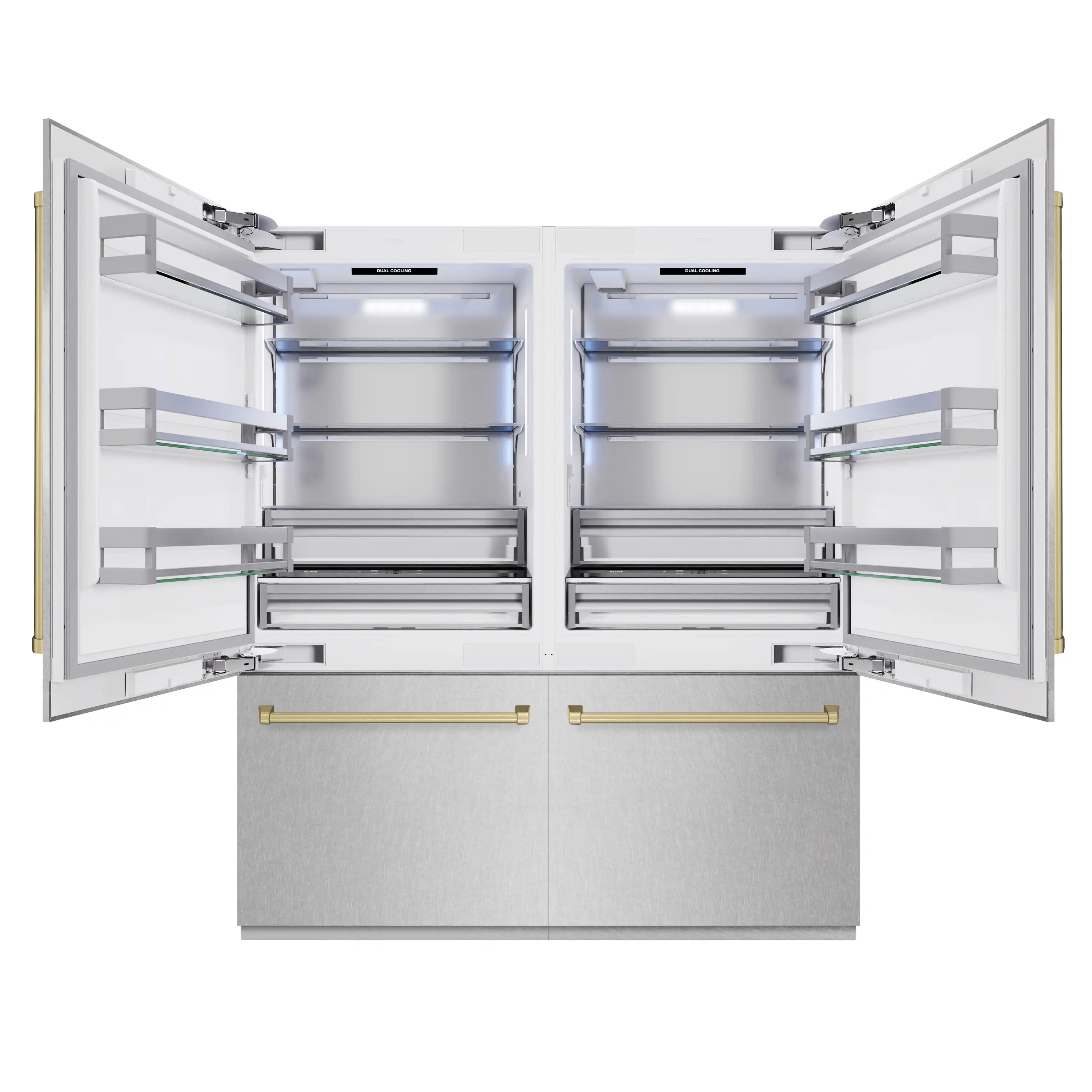 ZLINE Autograph Edition 72-Inch 39.6 Cu. Ft. French Door Built-In Bottom Freezer Refrigerator with Water Dispensers and Ice Makers in Satin Stainless Steel and Champagne Bronze Accents (RBITZ-SN-72-CB) - Image 2