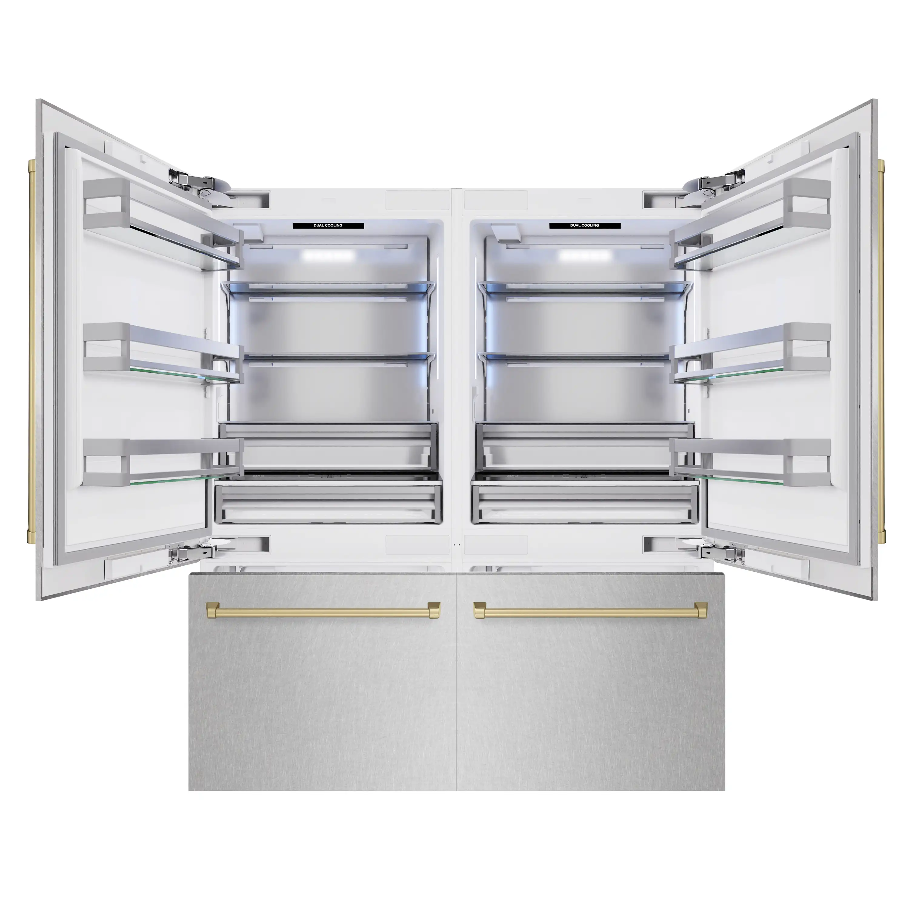 ZLINE Autograph Edition 72-Inch 39.6 Cu. Ft. French Door Built-In Bottom Freezer Refrigerator with Water Dispensers and Ice Makers in Satin Stainless Steel and Champagne Bronze Accents (RBITZ-SN-72-CB) - Image 3