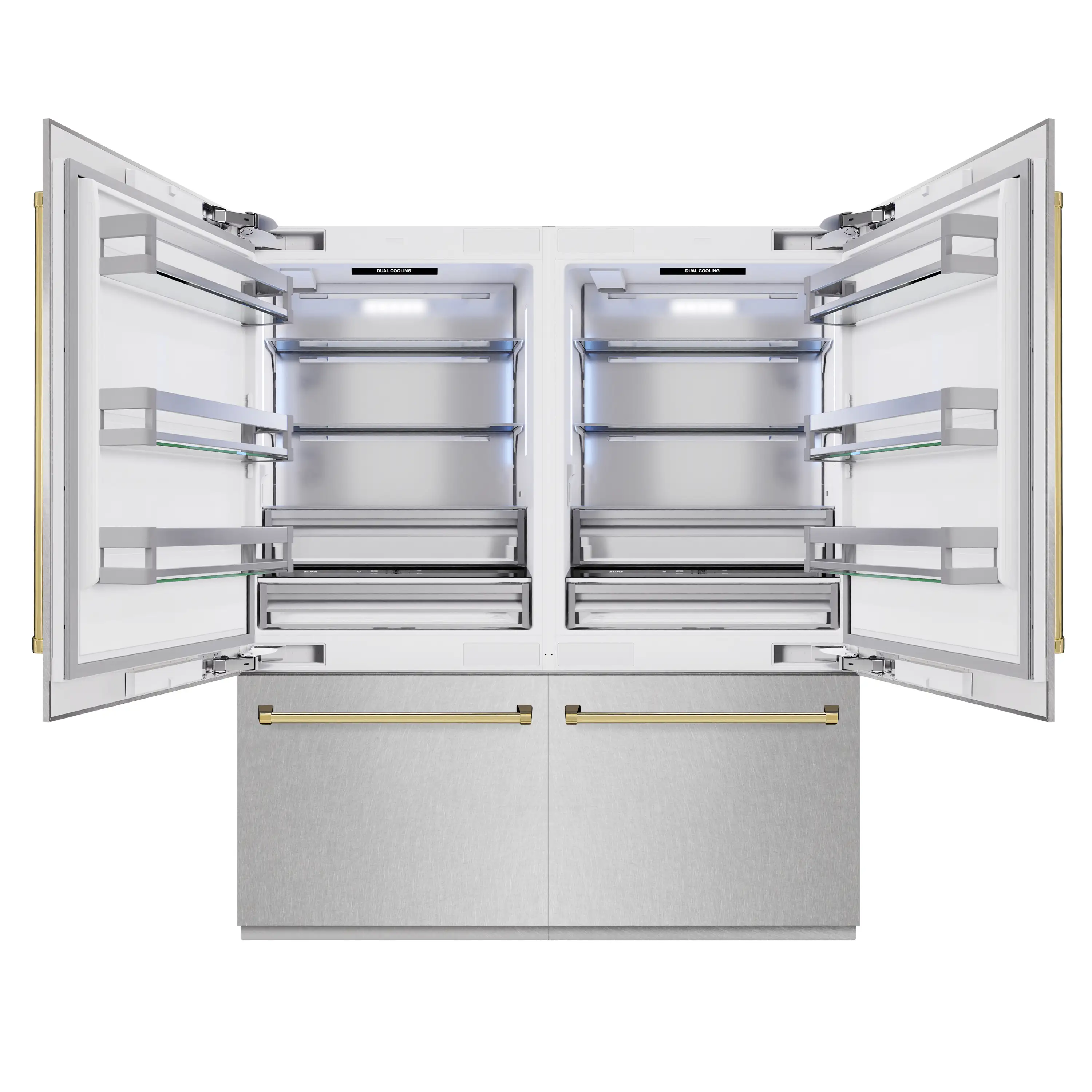 ZLINE Autograph Edition 72-Inch 39.6 Cu. Ft. French Door Built-In Bottom Freezer Refrigerator with Water Dispensers and Ice Makers in Satin Stainless Steel and Polished Gold Accents (RBITZ-SN-72-G) - Image 2