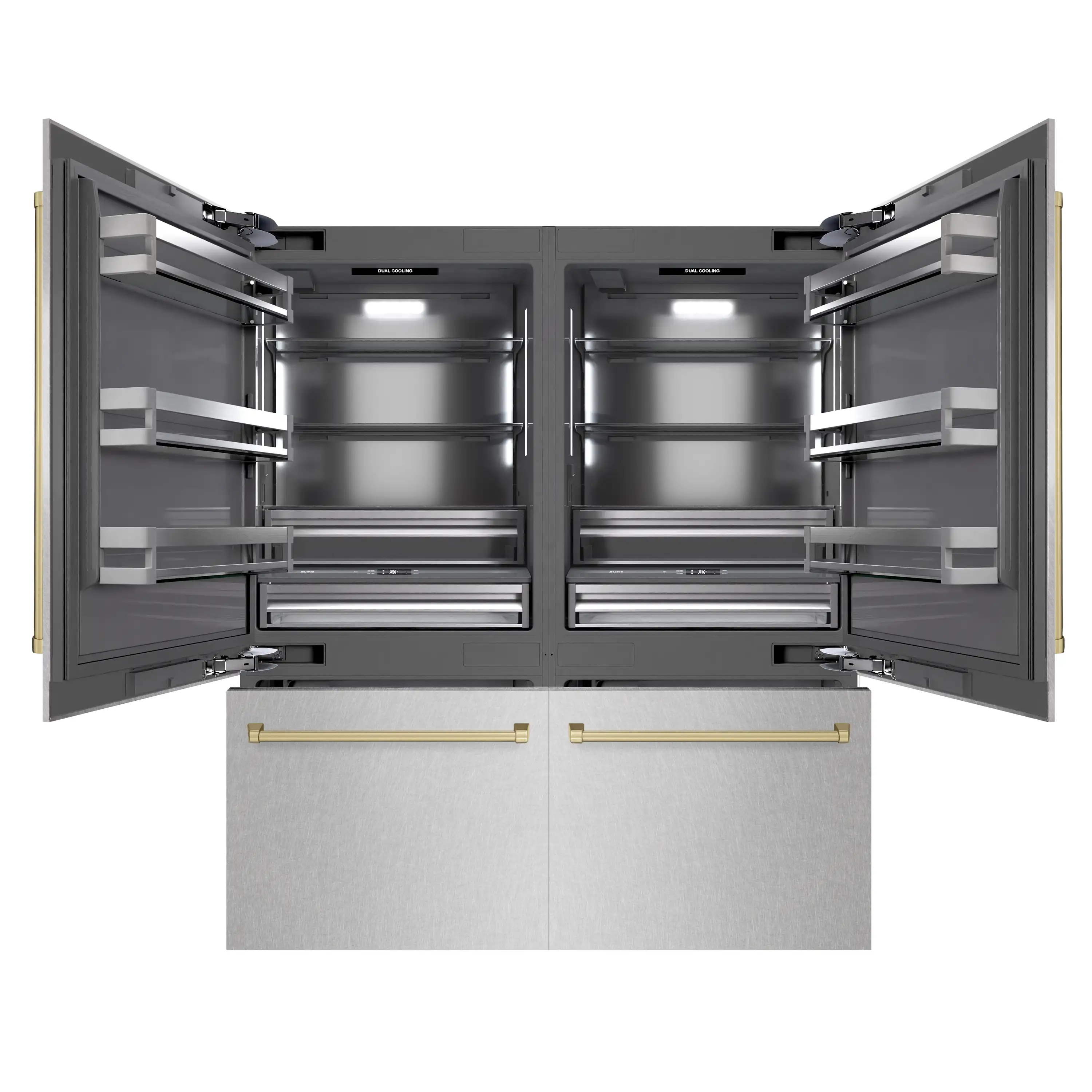 ZLINE Autograph Edition 72-Inch 39.6 Cu. Ft. French Door Built-In Bottom Freezer Refrigerator with Water Dispensers and Ice Makers in Satin Stainless Steel with Graphite Gray Interior and Champagne Bronze Accents (GRBITZ-SN-72-CB) - Image 2