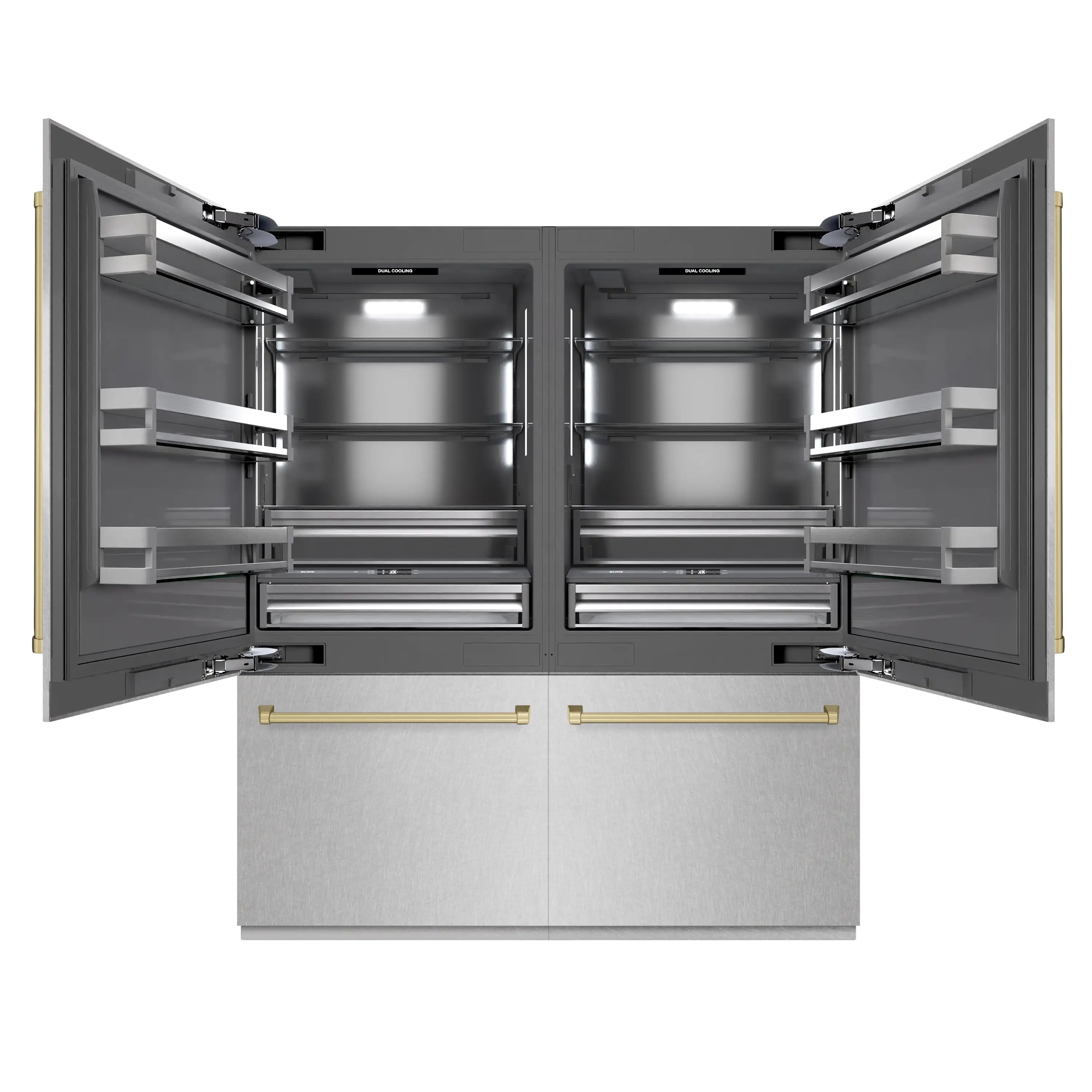 ZLINE Autograph Edition 72-Inch 39.6 Cu. Ft. French Door Built-In Bottom Freezer Refrigerator with Water Dispensers and Ice Makers in Satin Stainless Steel with Graphite Gray Interior and Champagne Bronze Accents (GRBITZ-SN-72-CB) - Image 3