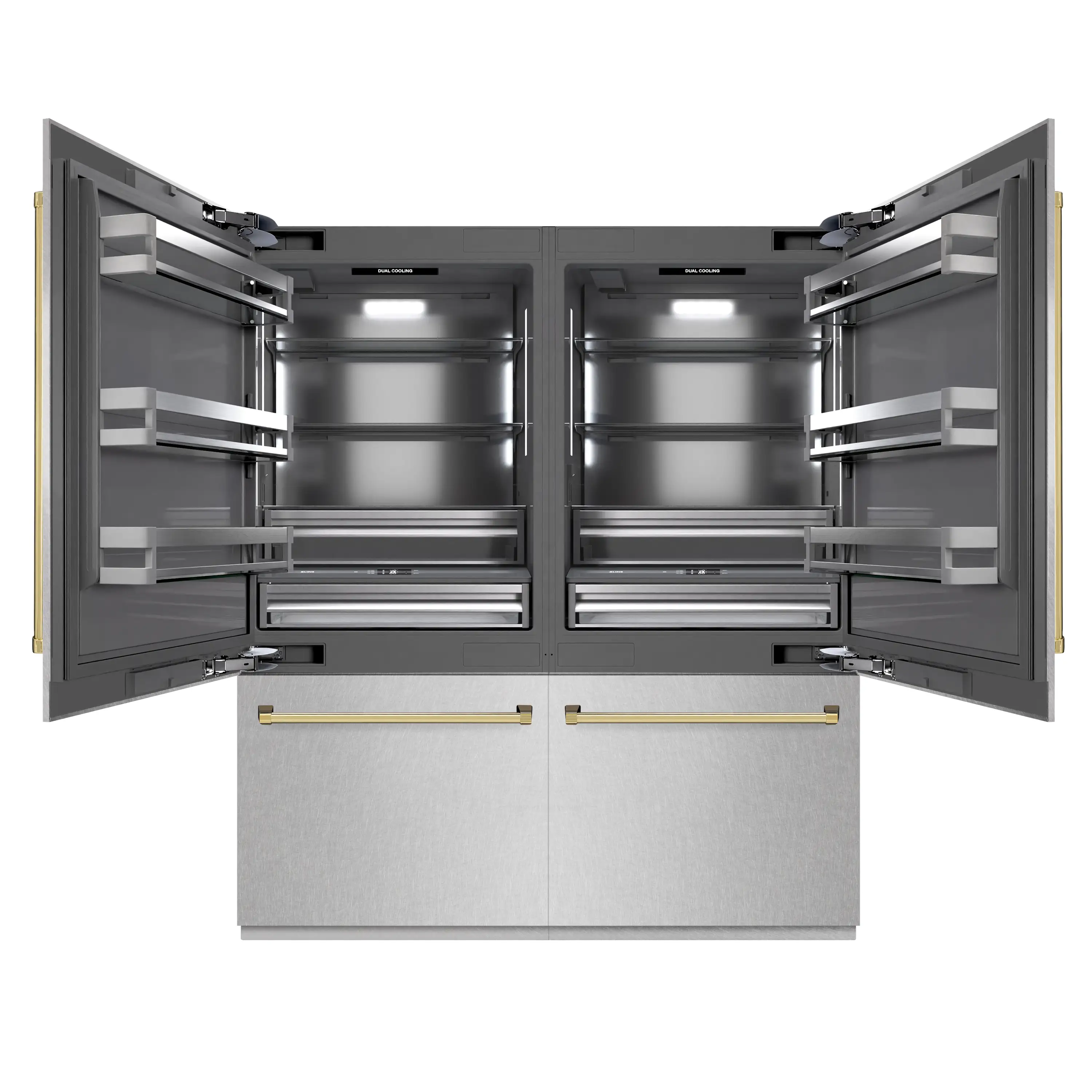ZLINE Autograph Edition 72-Inch 39.6 Cu. Ft. French Door Built-In Bottom Freezer Refrigerator with Water Dispensers and Ice Makers in Satin Stainless Steel with graphite Gray Interior and Polished Gold Accents (GRBITZ-SN-72-G) - Image 2