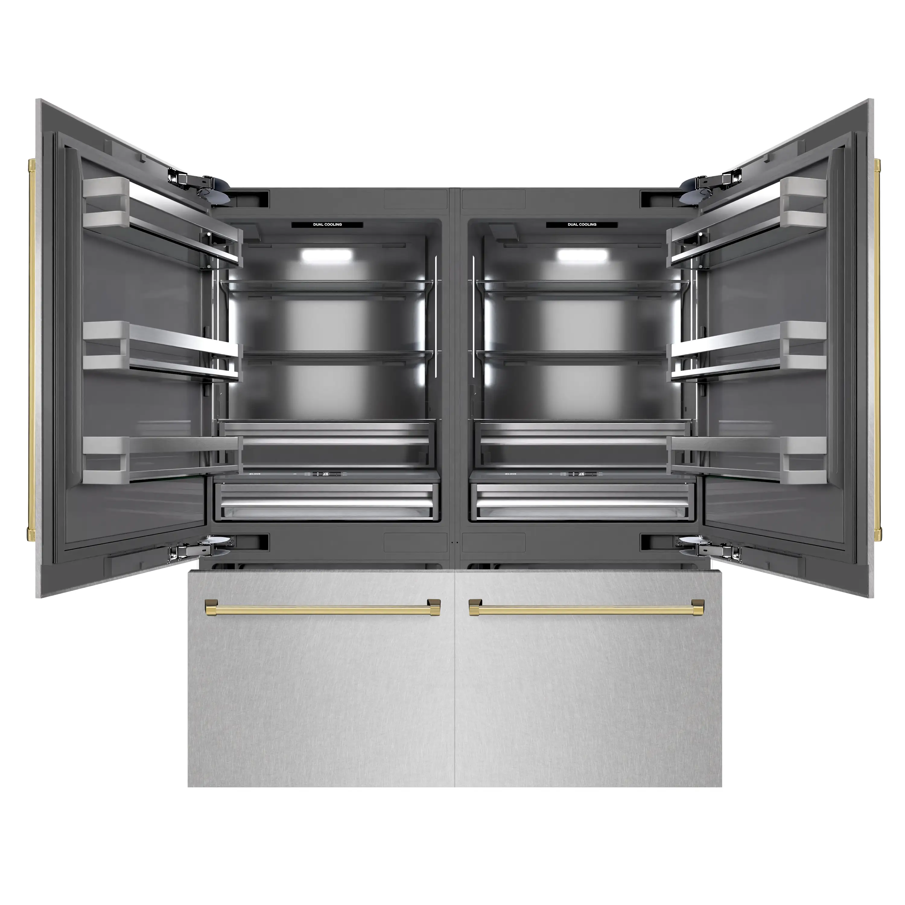 ZLINE Autograph Edition 72-Inch 39.6 Cu. Ft. French Door Built-In Bottom Freezer Refrigerator with Water Dispensers and Ice Makers in Satin Stainless Steel with graphite Gray Interior and Polished Gold Accents (GRBITZ-SN-72-G) - Image 3