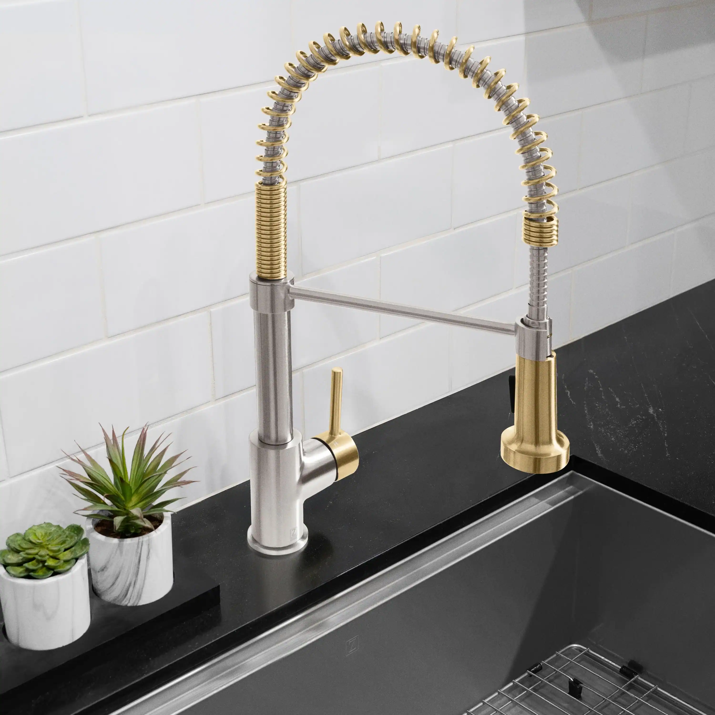 ZLINE Autograph Edition Apollo Pull Down Spring Single Handle Kitchen Faucet in Brushed Nickel and Champagne Bronze (APL-KF-ZBNCB) - Image 3
