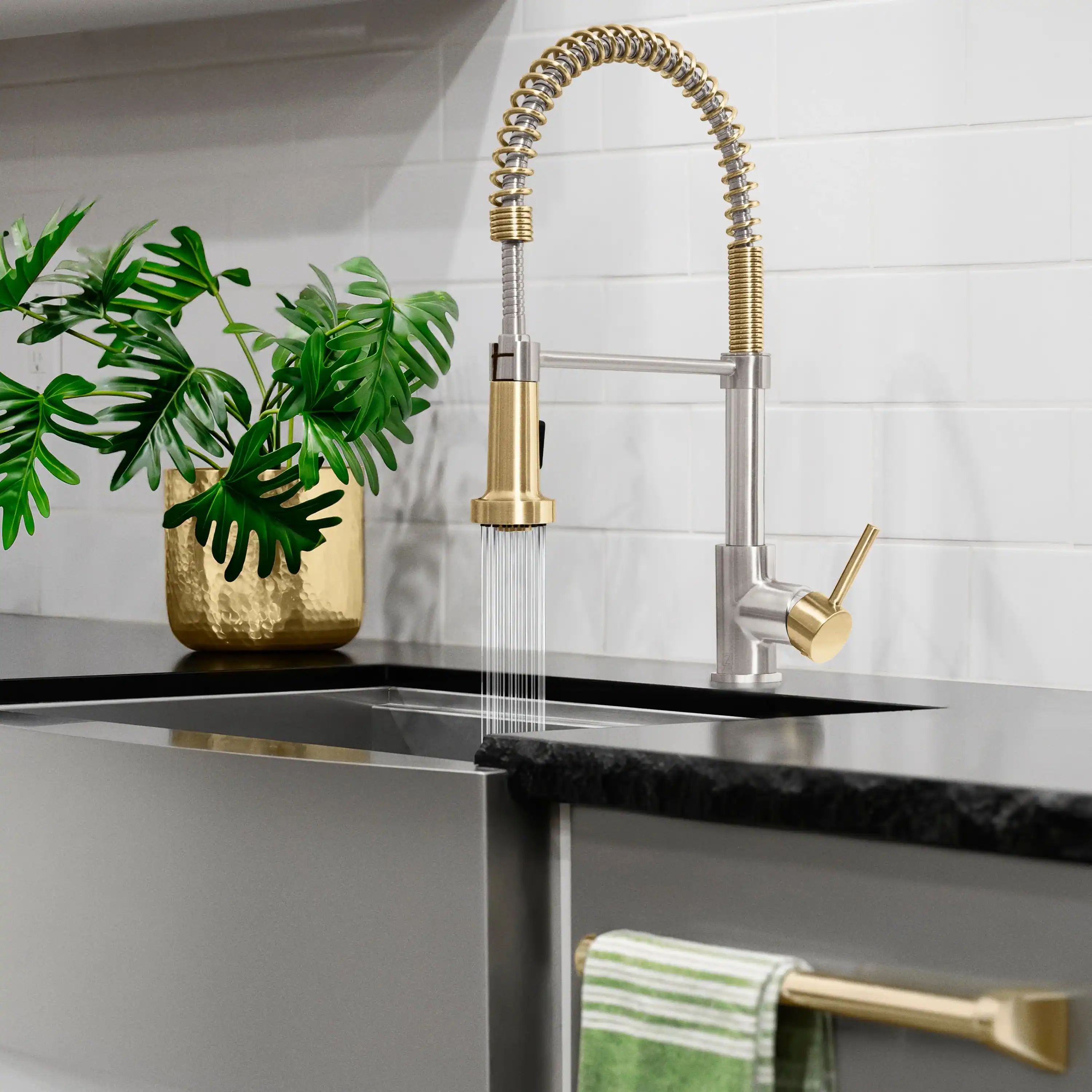 ZLINE Autograph Edition Apollo Pull Down Spring Single Handle Kitchen Faucet in Brushed Nickel and Champagne Bronze (APL-KF-ZBNCB) - Image 4